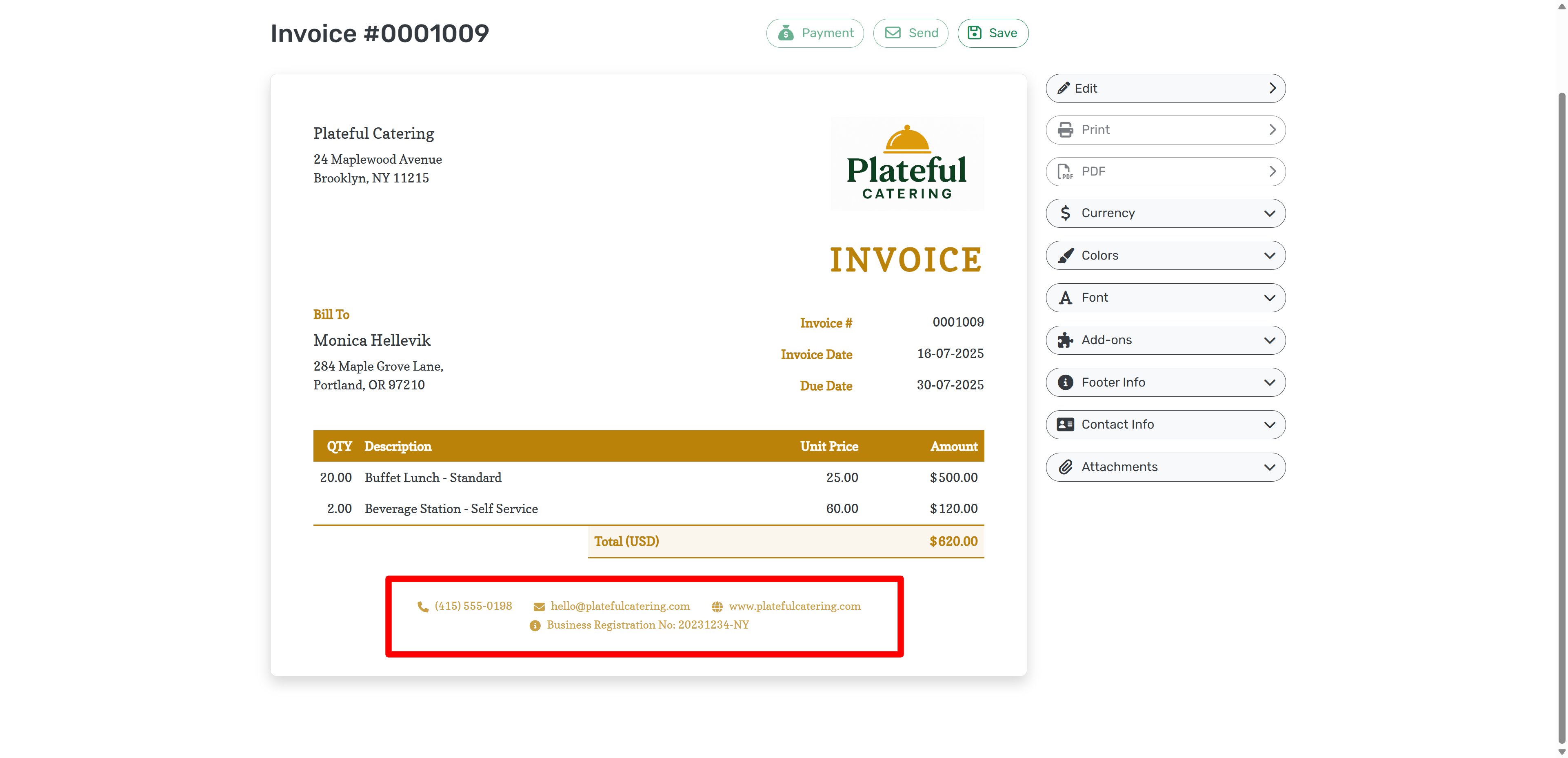Business registration number in footer