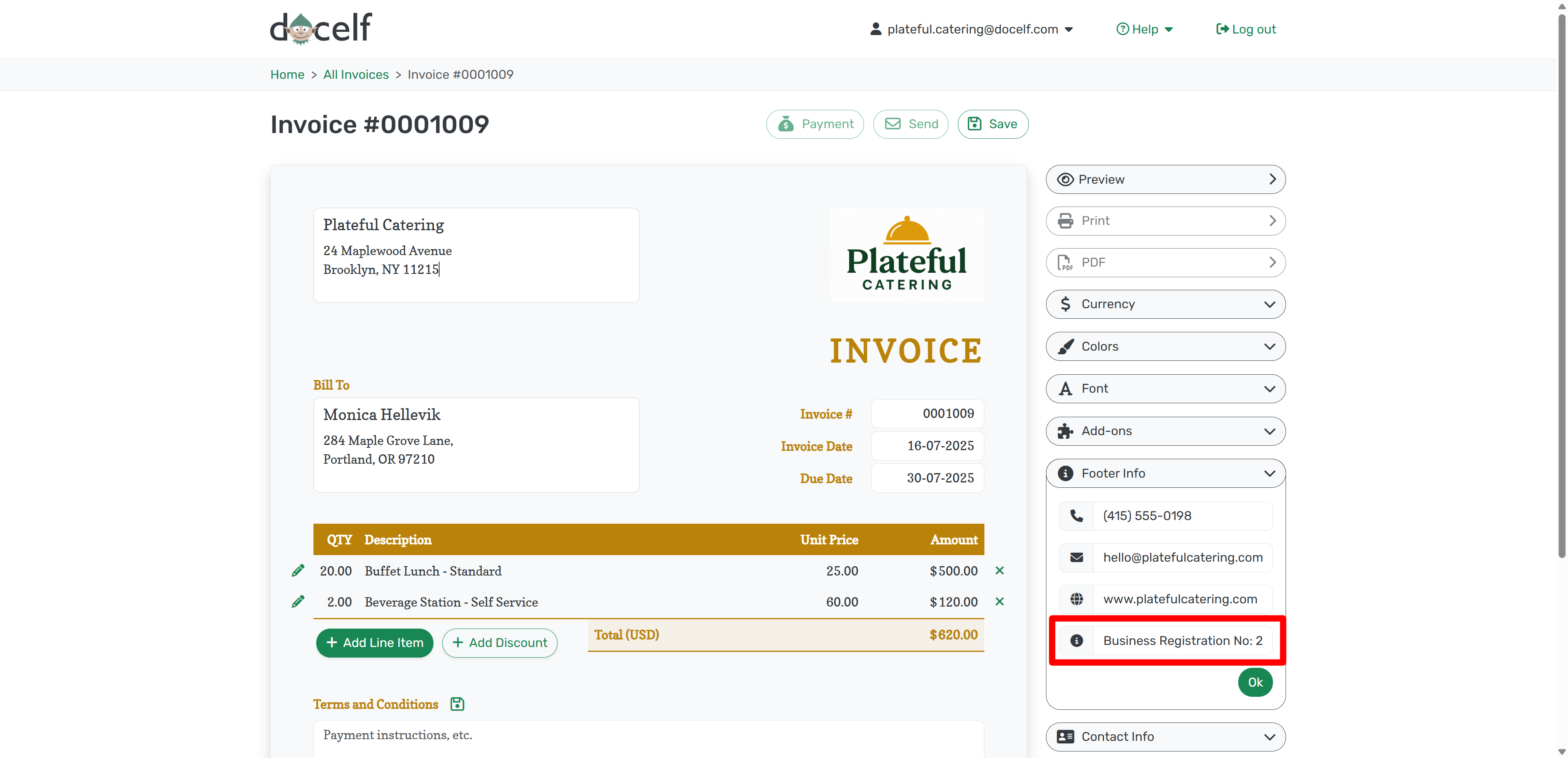 Enter business registration number in footer info