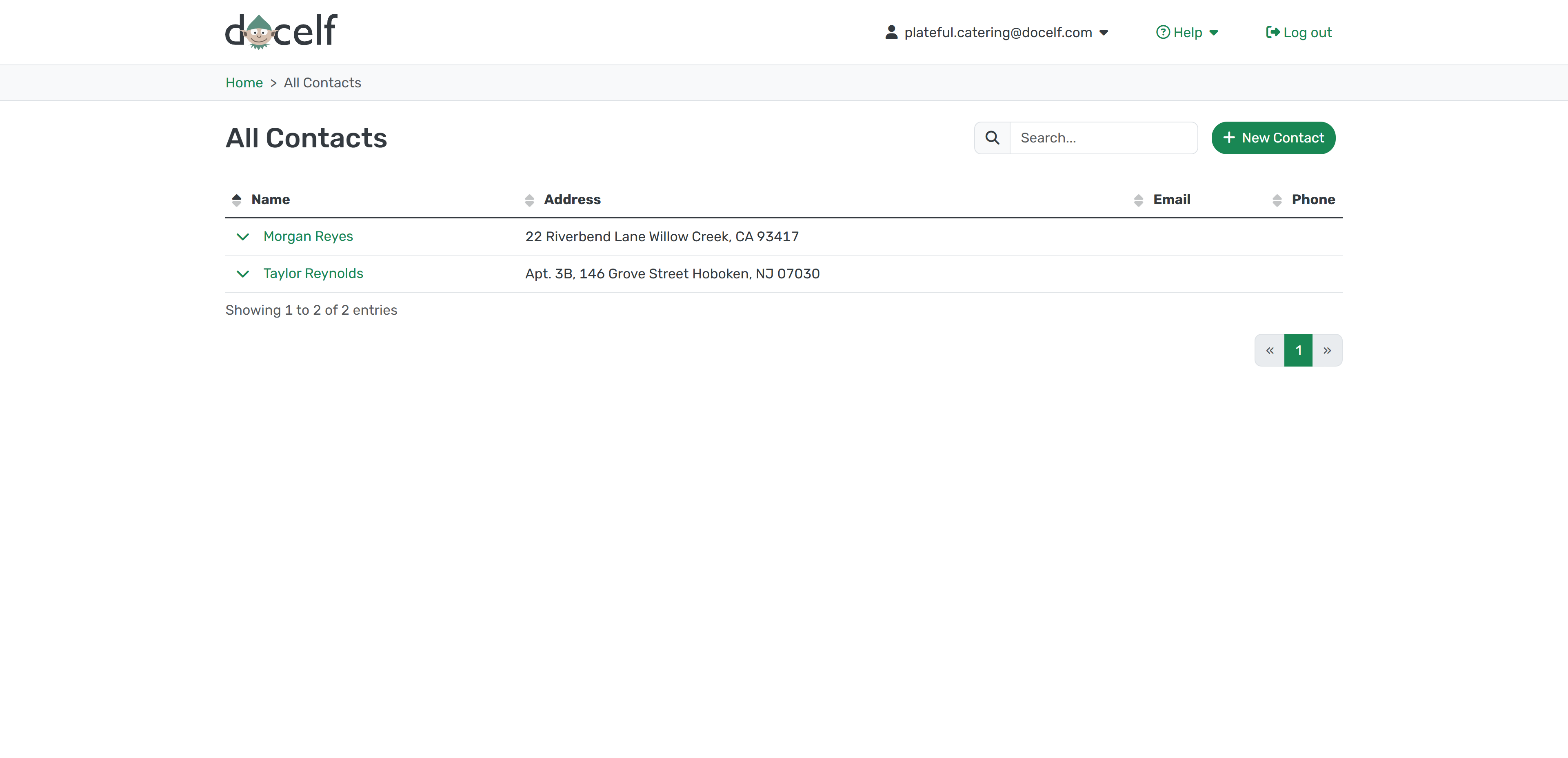 List of saved contacts in Docelf
