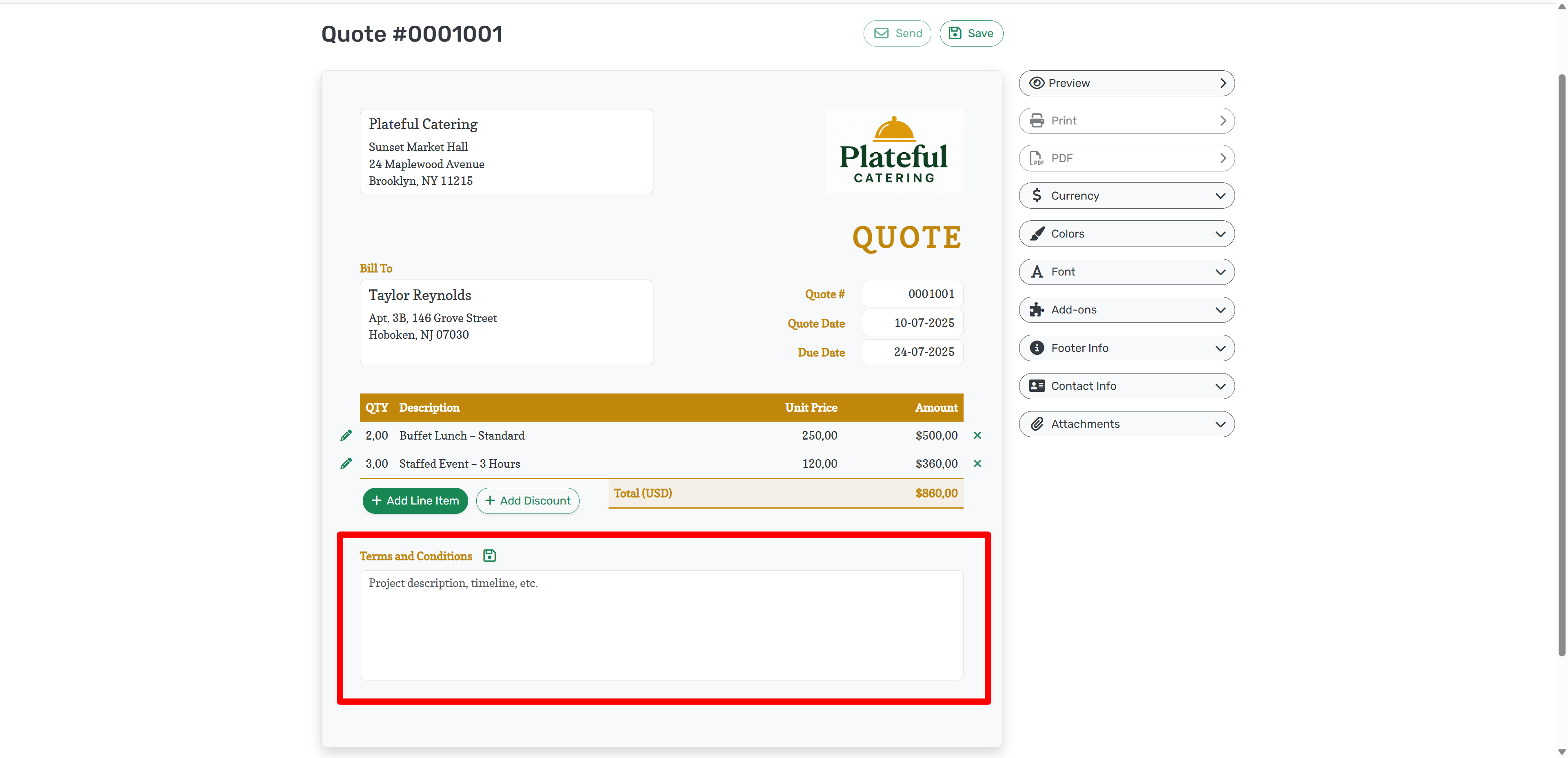 Default terms and conditions on a quote