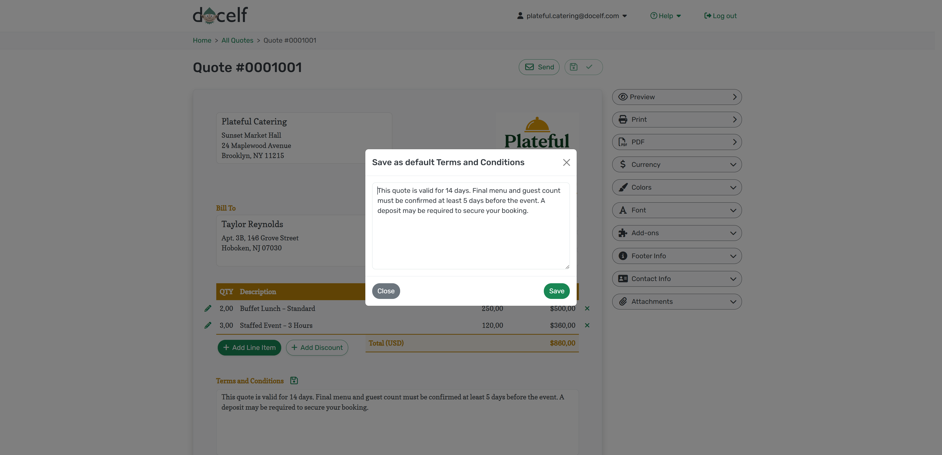 Save default terms button