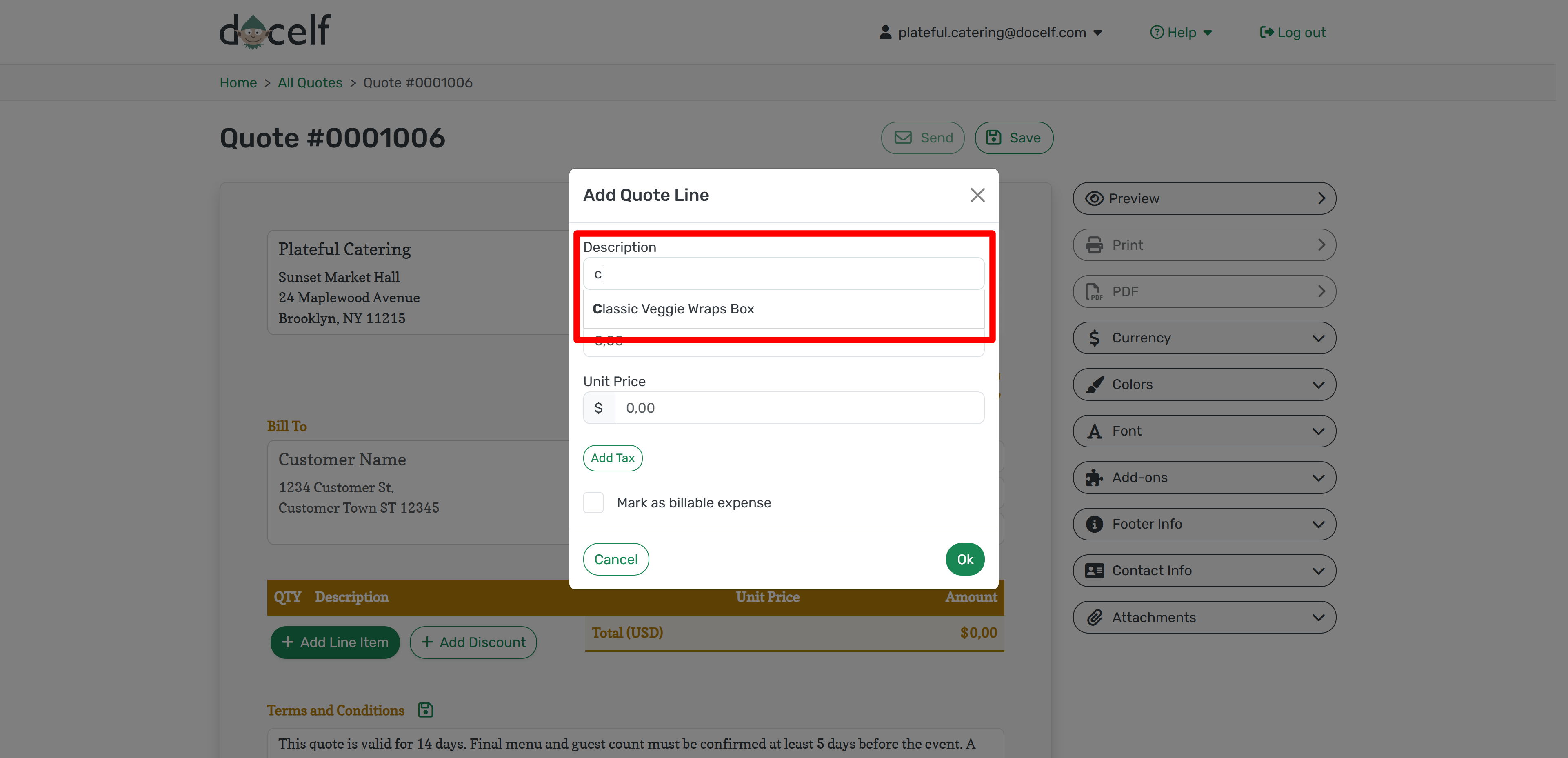Typing in item line with suggestions