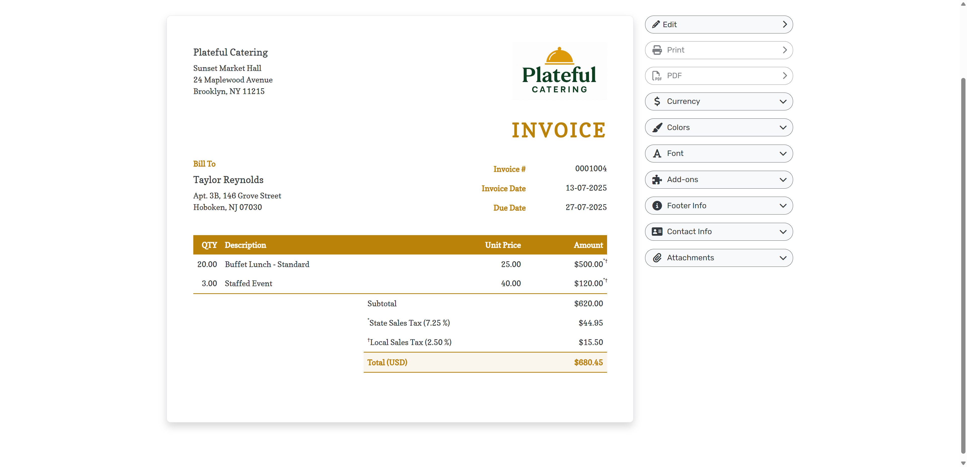 Invoice with state and local tax shown