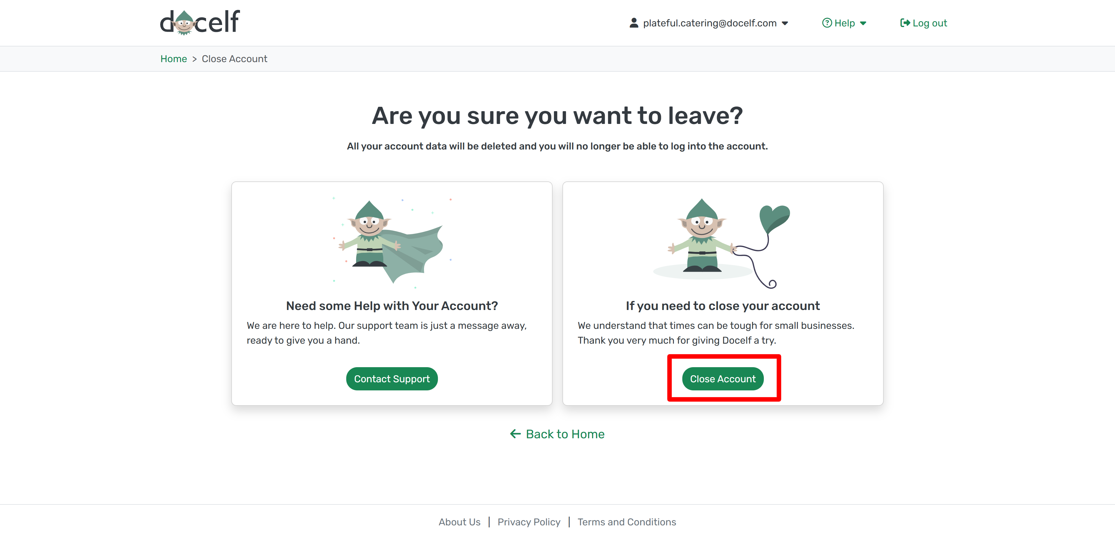 Close Account confirmation page
