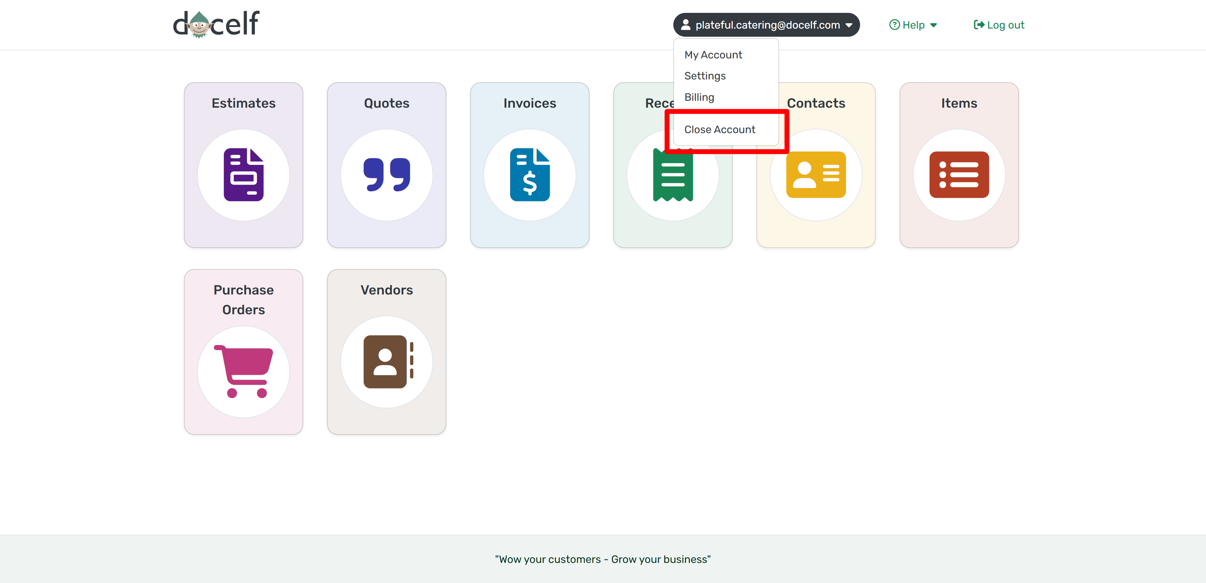 Dropdown menu to close account