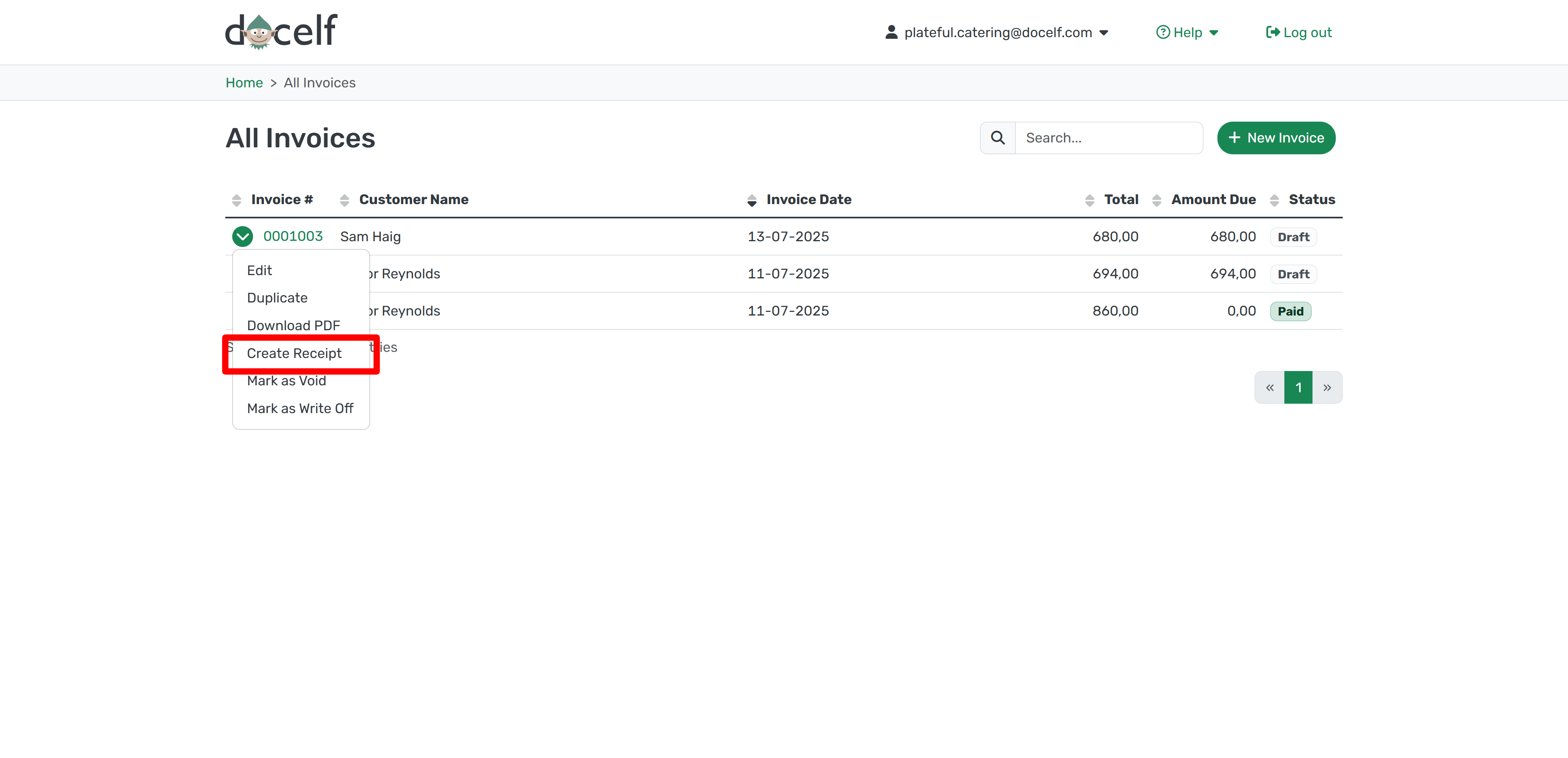 Create Receipt from Invoice