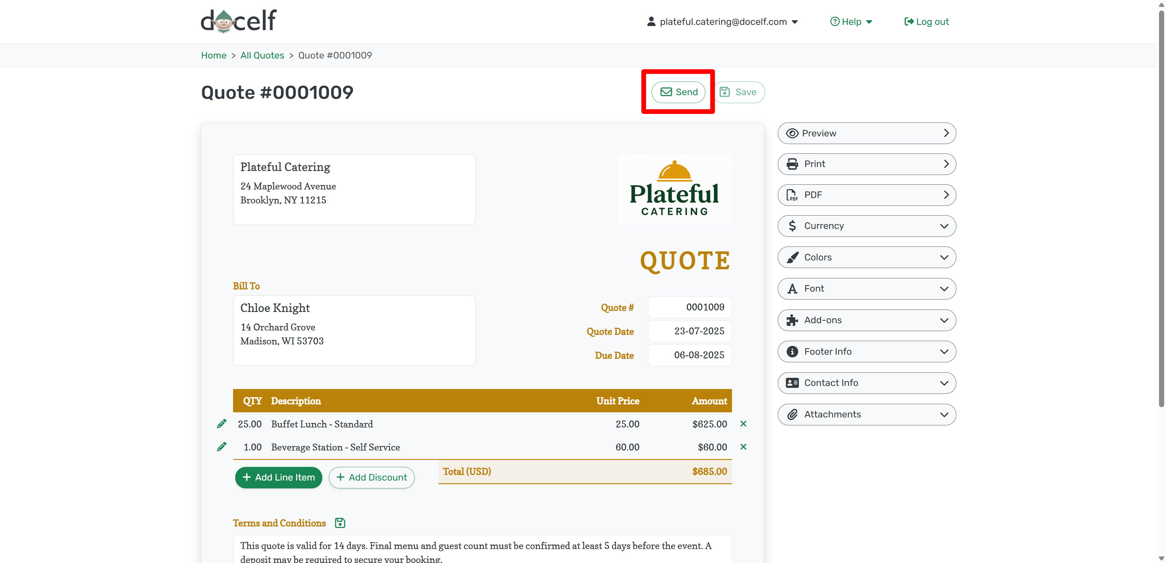 Send button on quote page