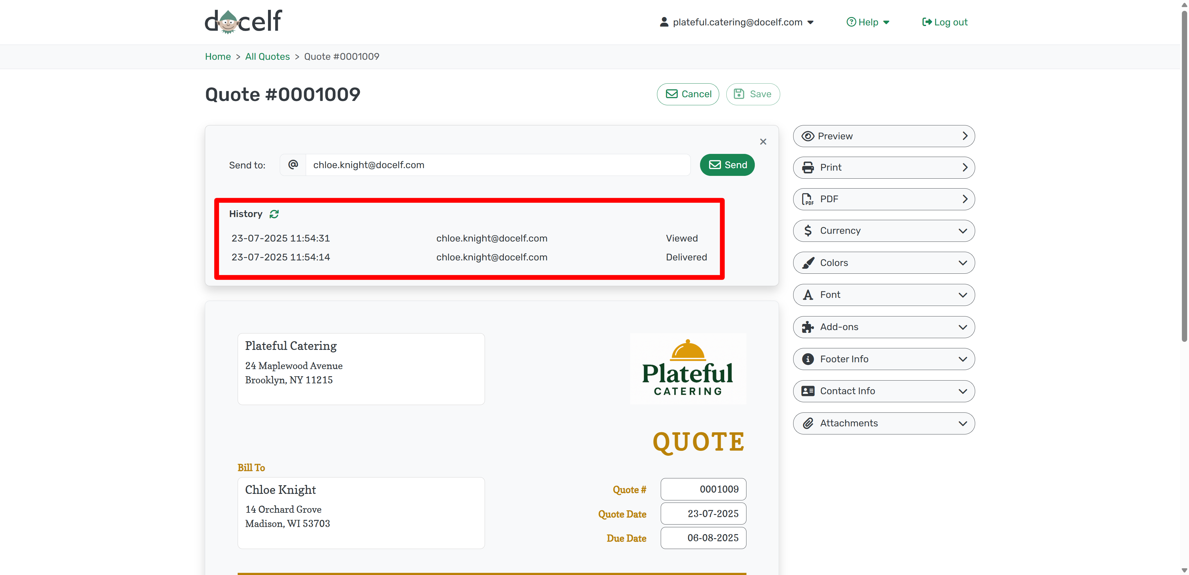 Delivery and view timestamps in the document history section