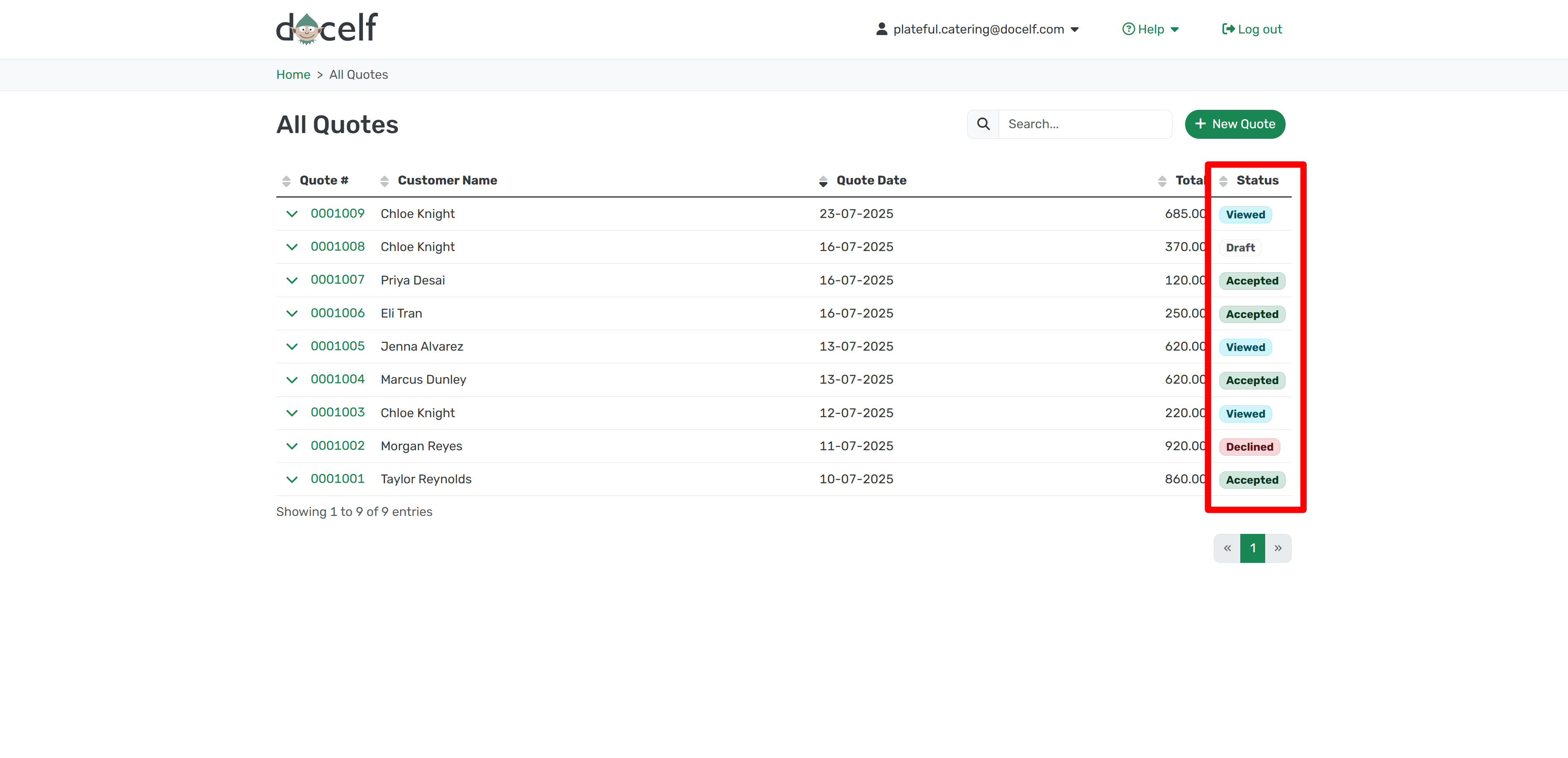 Status column in quotes list showing viewed and accepted