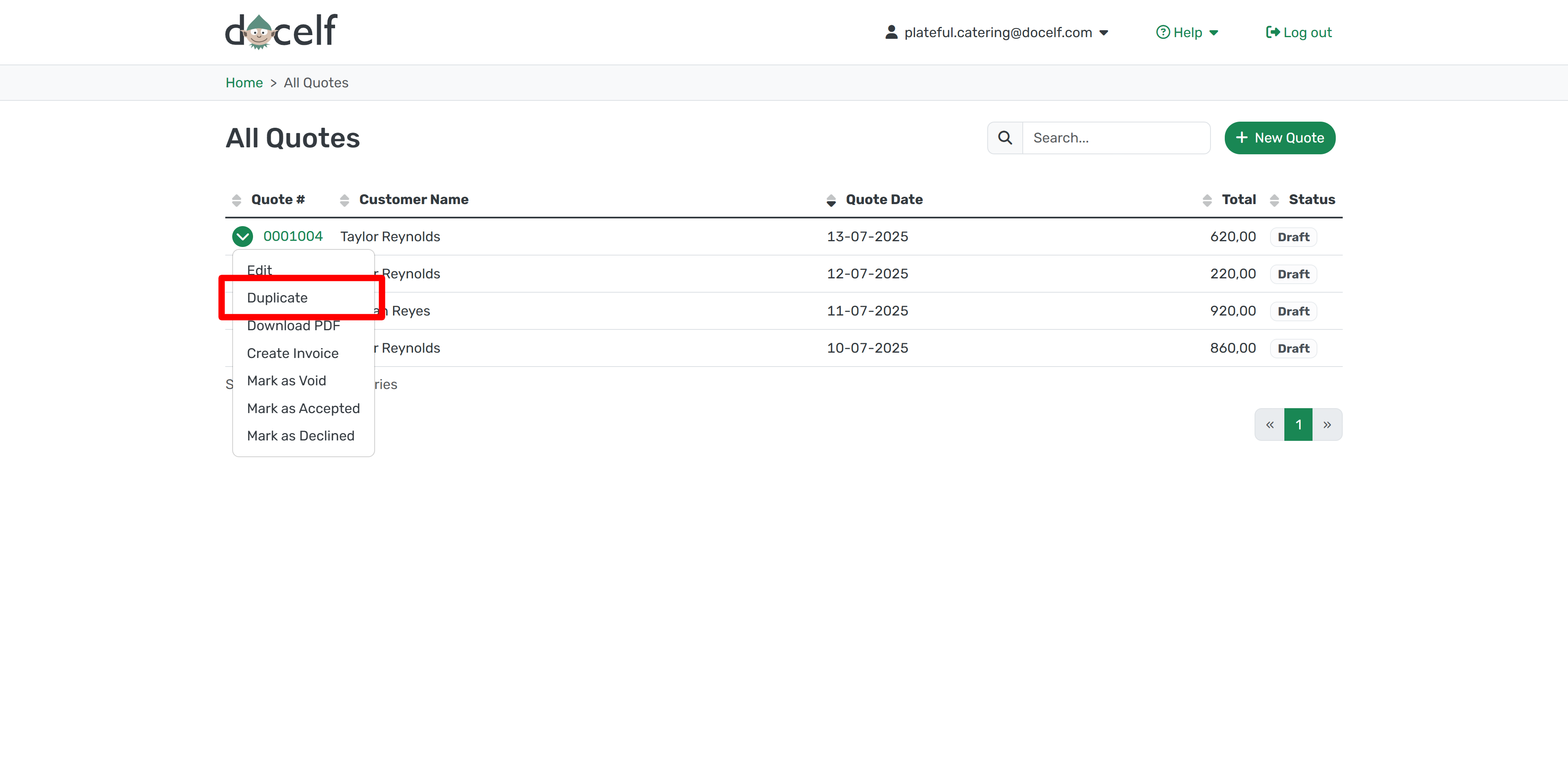 Duplicate Quote from dropdown