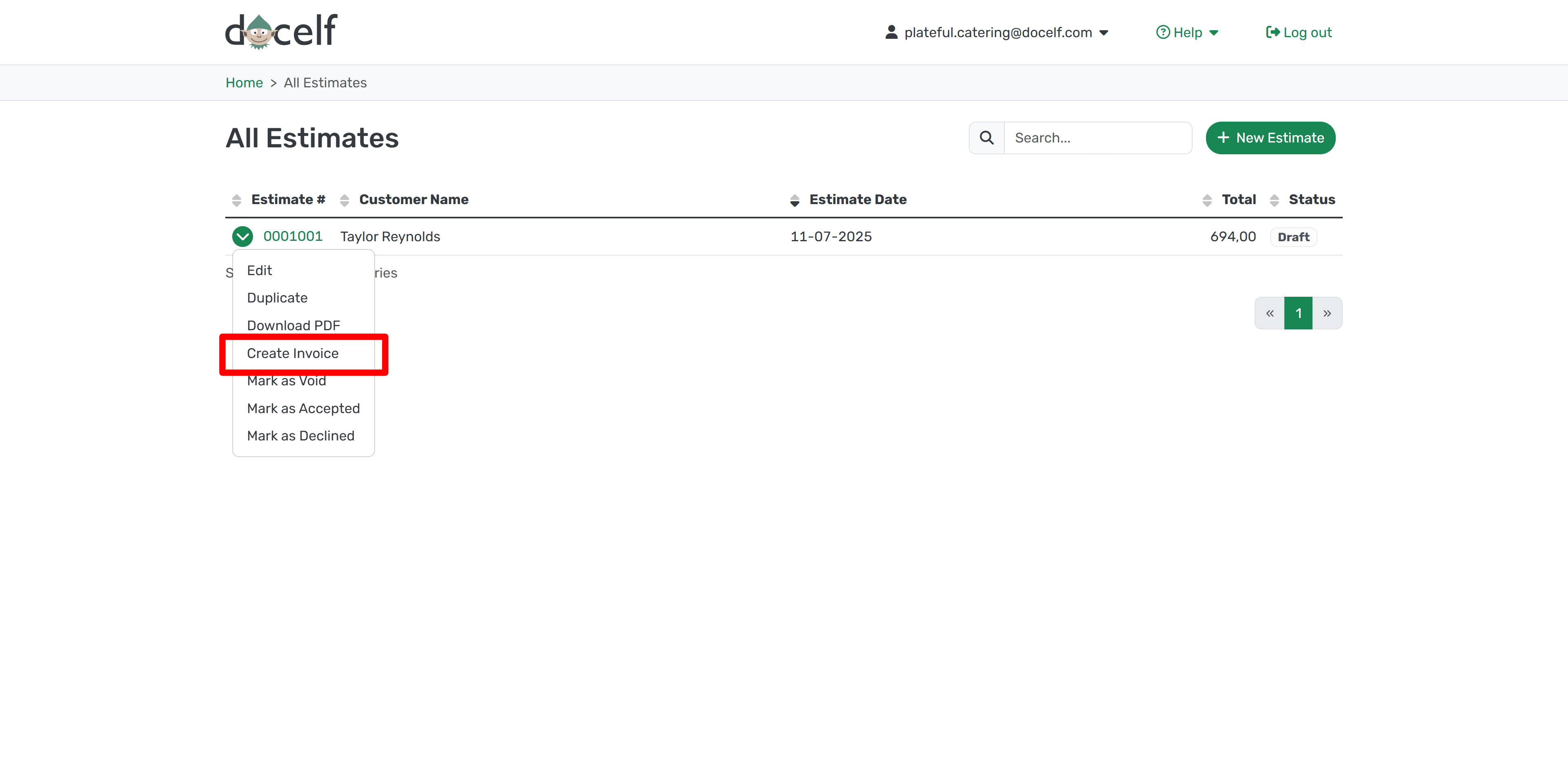 Create invoice from estimate