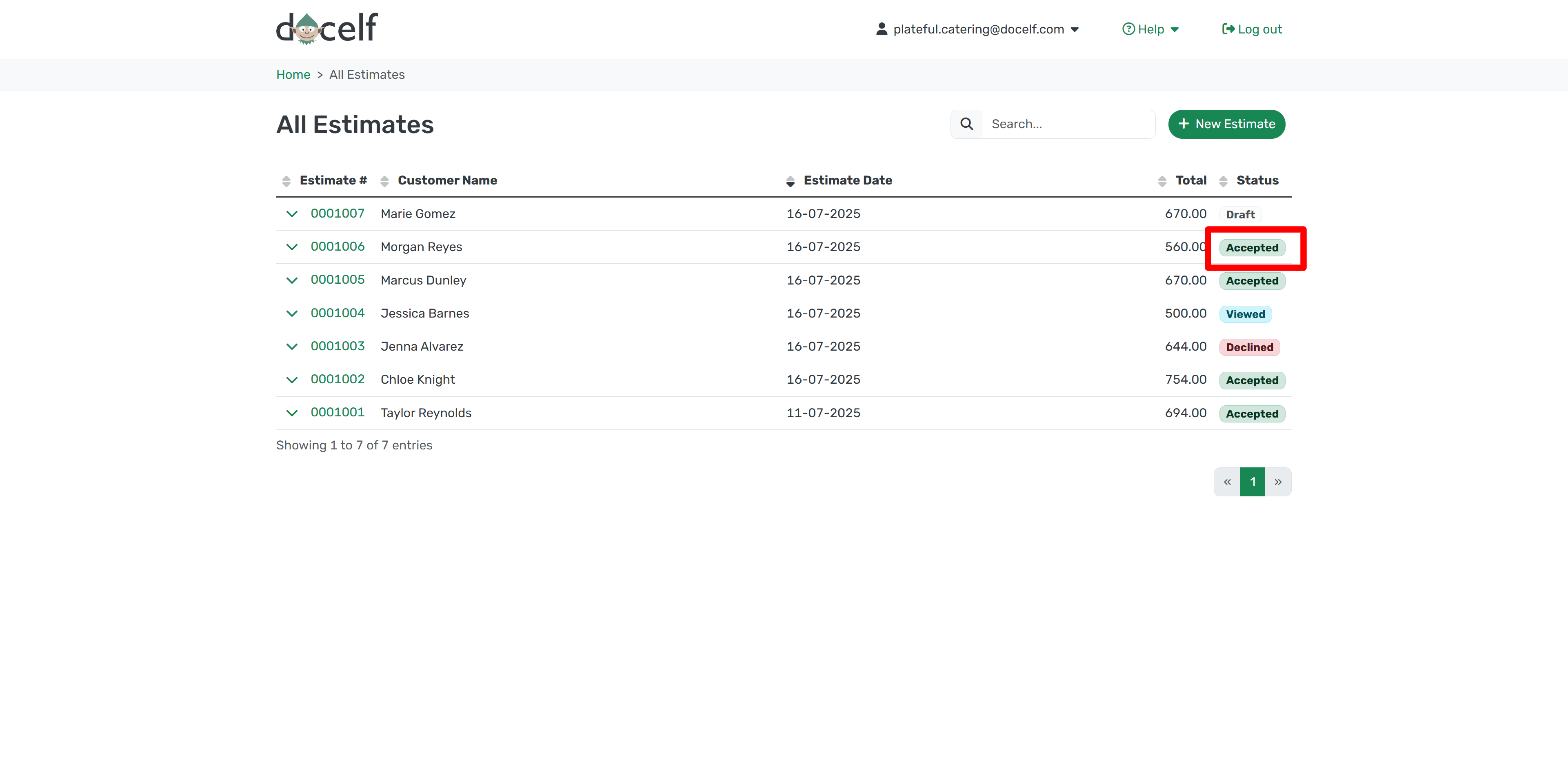 Accepted status in estimate list