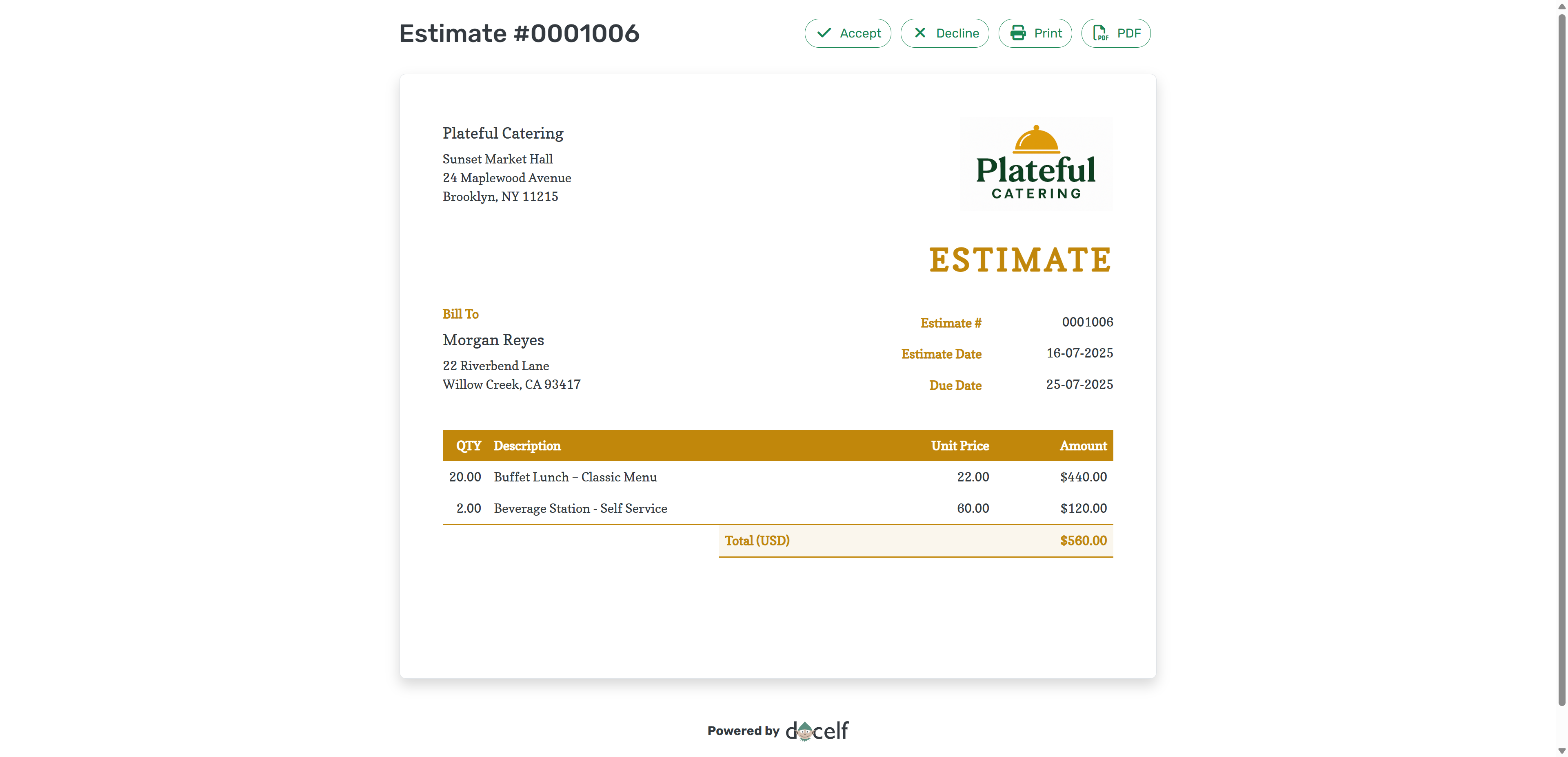 Customer view with accept and decline buttons