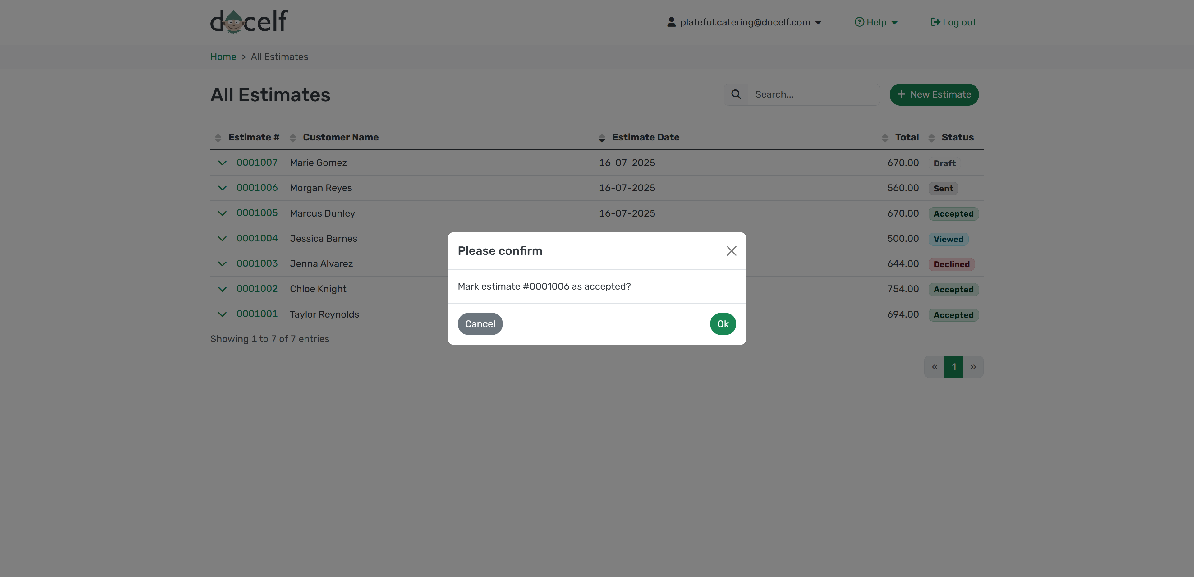 Popup to confirm marking estimate as accepted