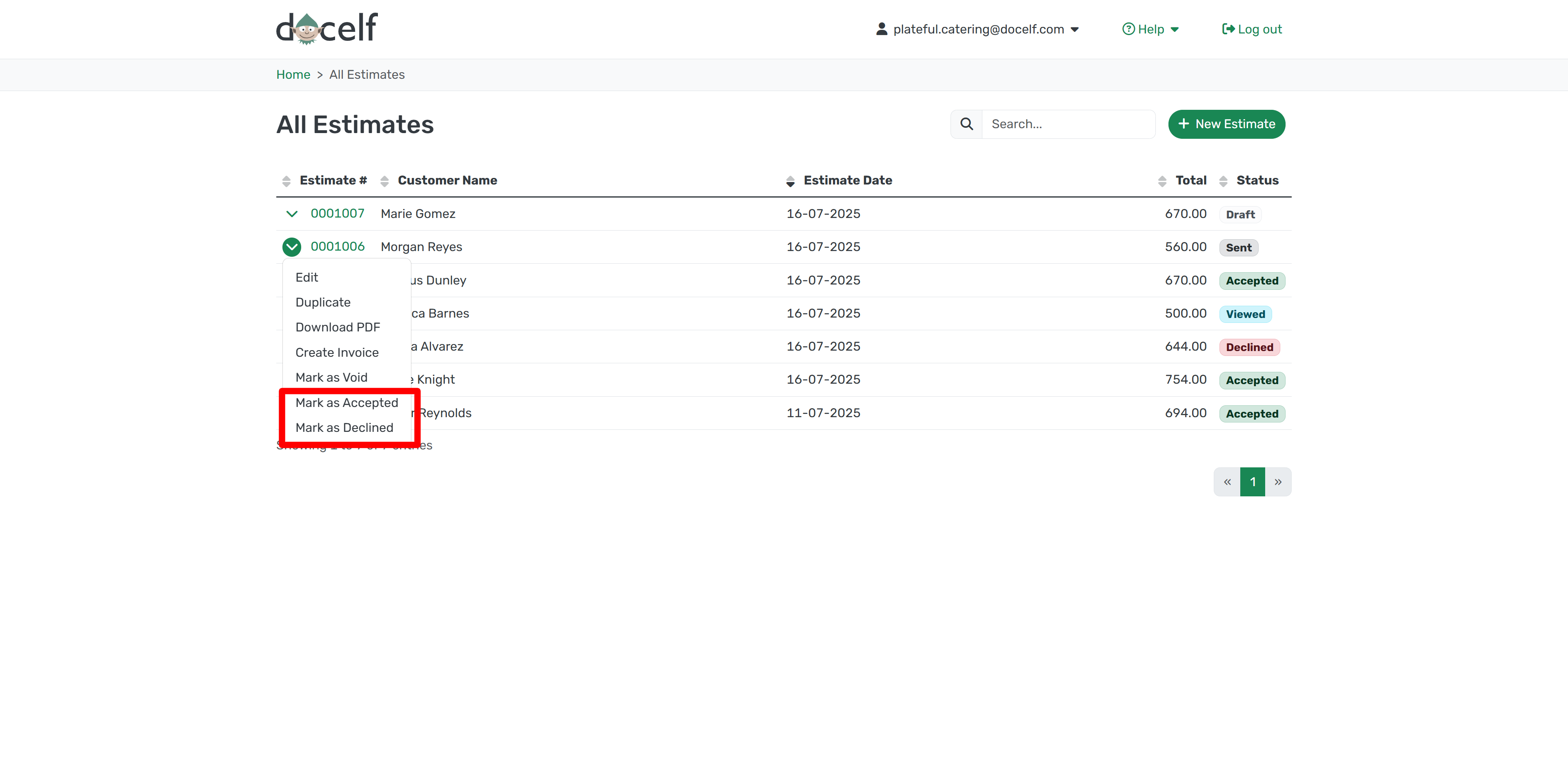 Dropdown menu with Mark as Accepted and Mark as Declined options