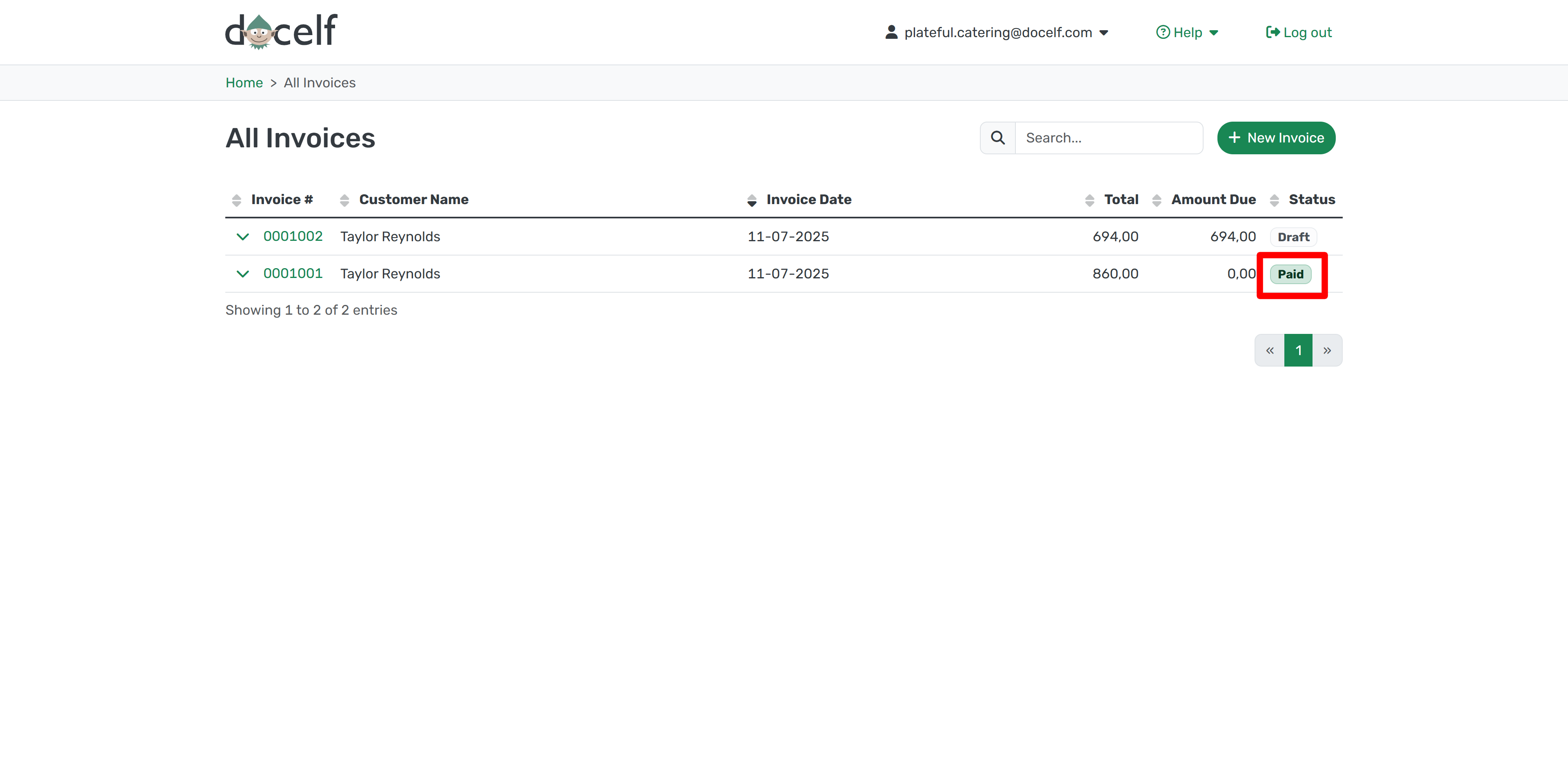 Invoice list showing status as Paid