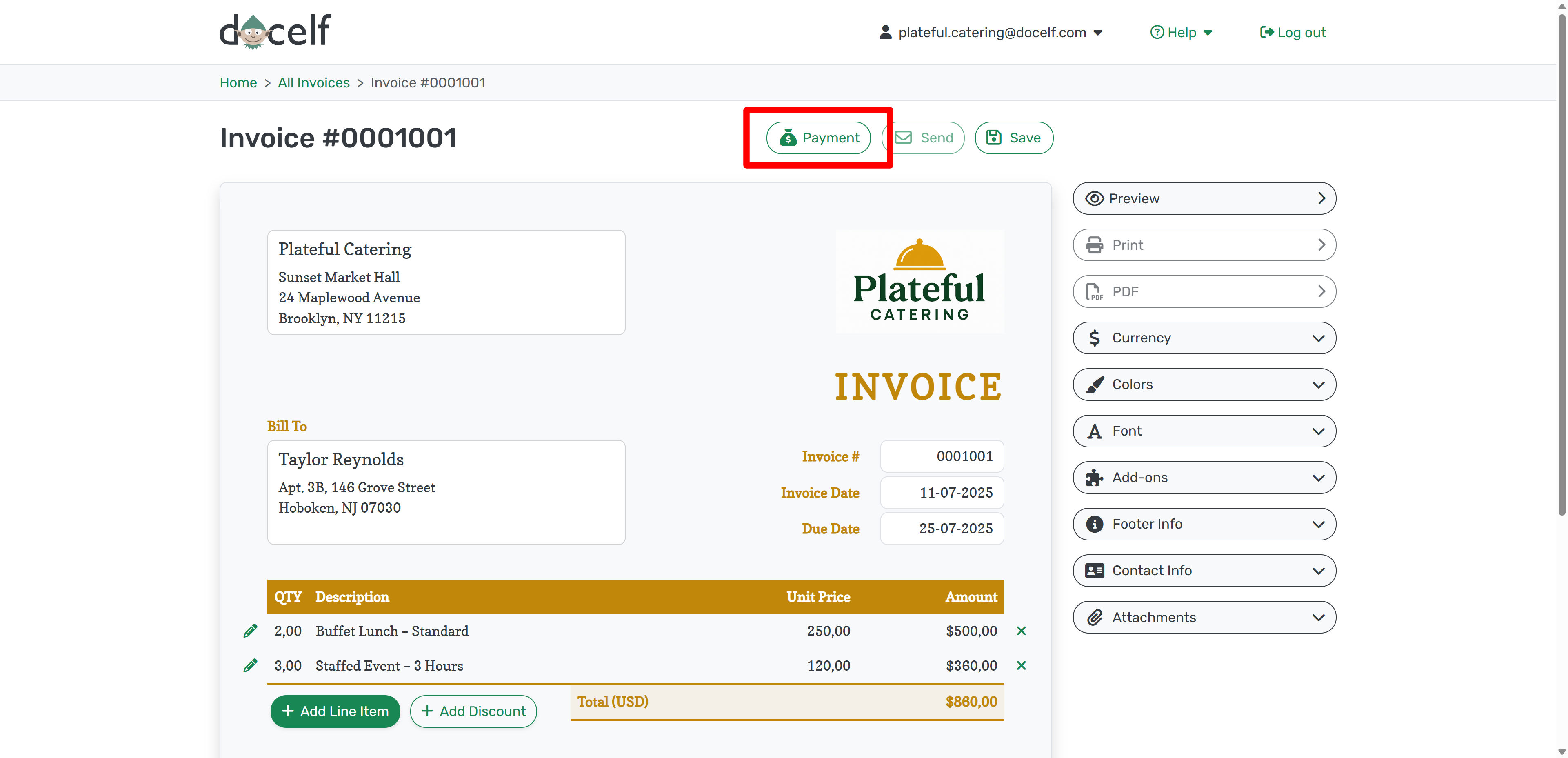 Payment button on invoice screen