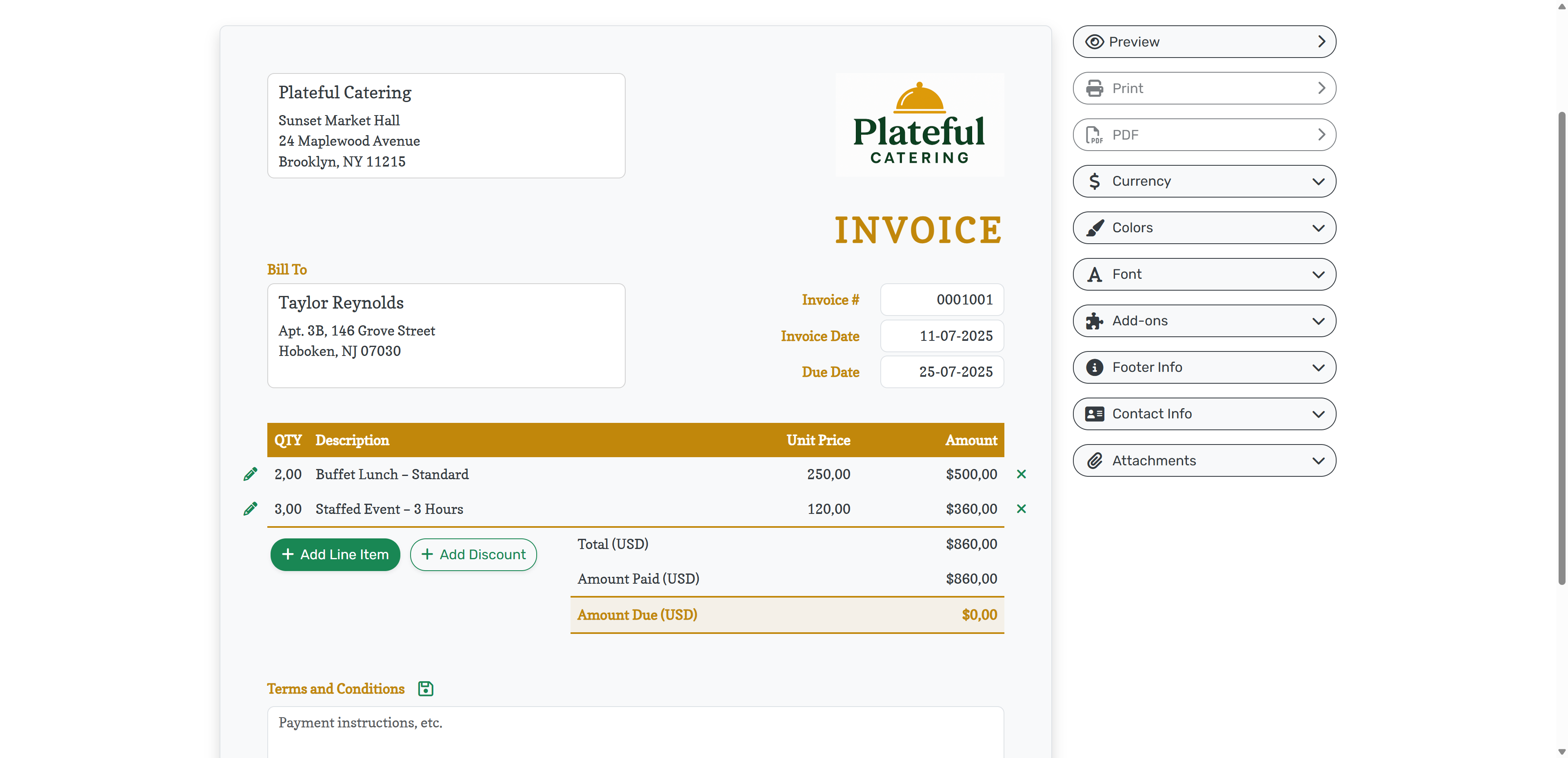 Invoice shows Amount Due: 0 after full payment