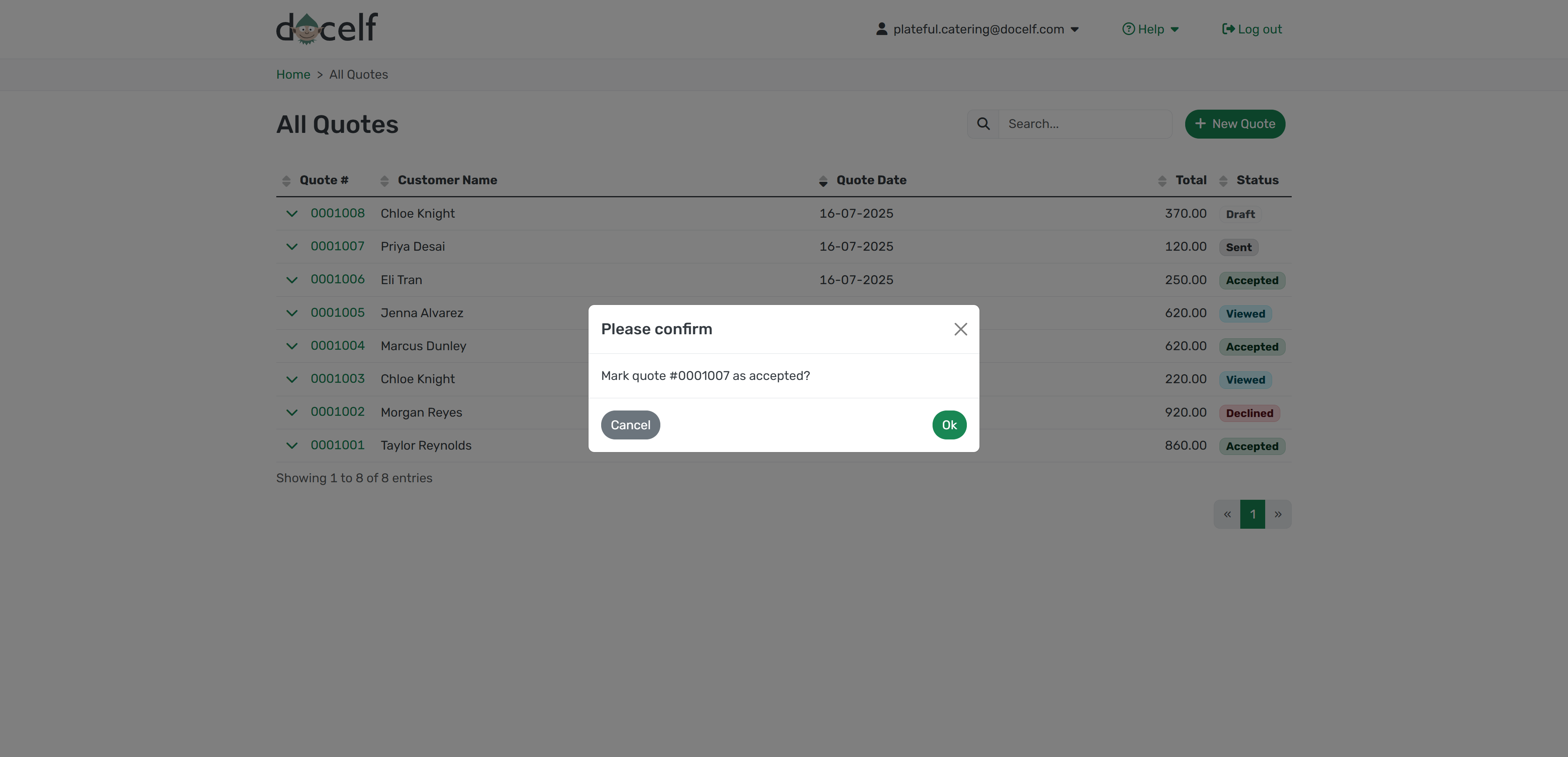 Popup to confirm marking quote as accepted