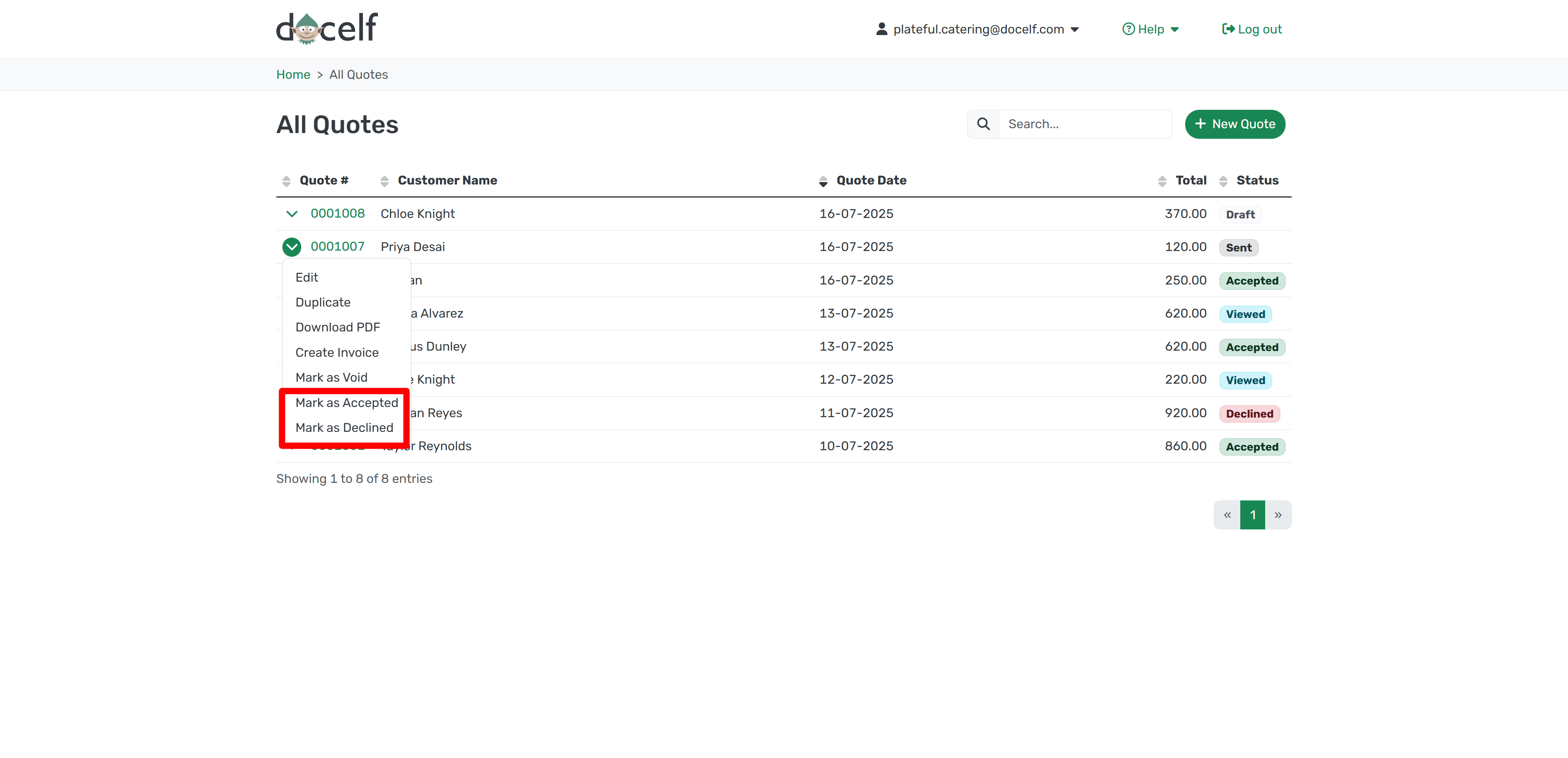 Dropdown menu with Mark as Accepted and Mark as Declined options