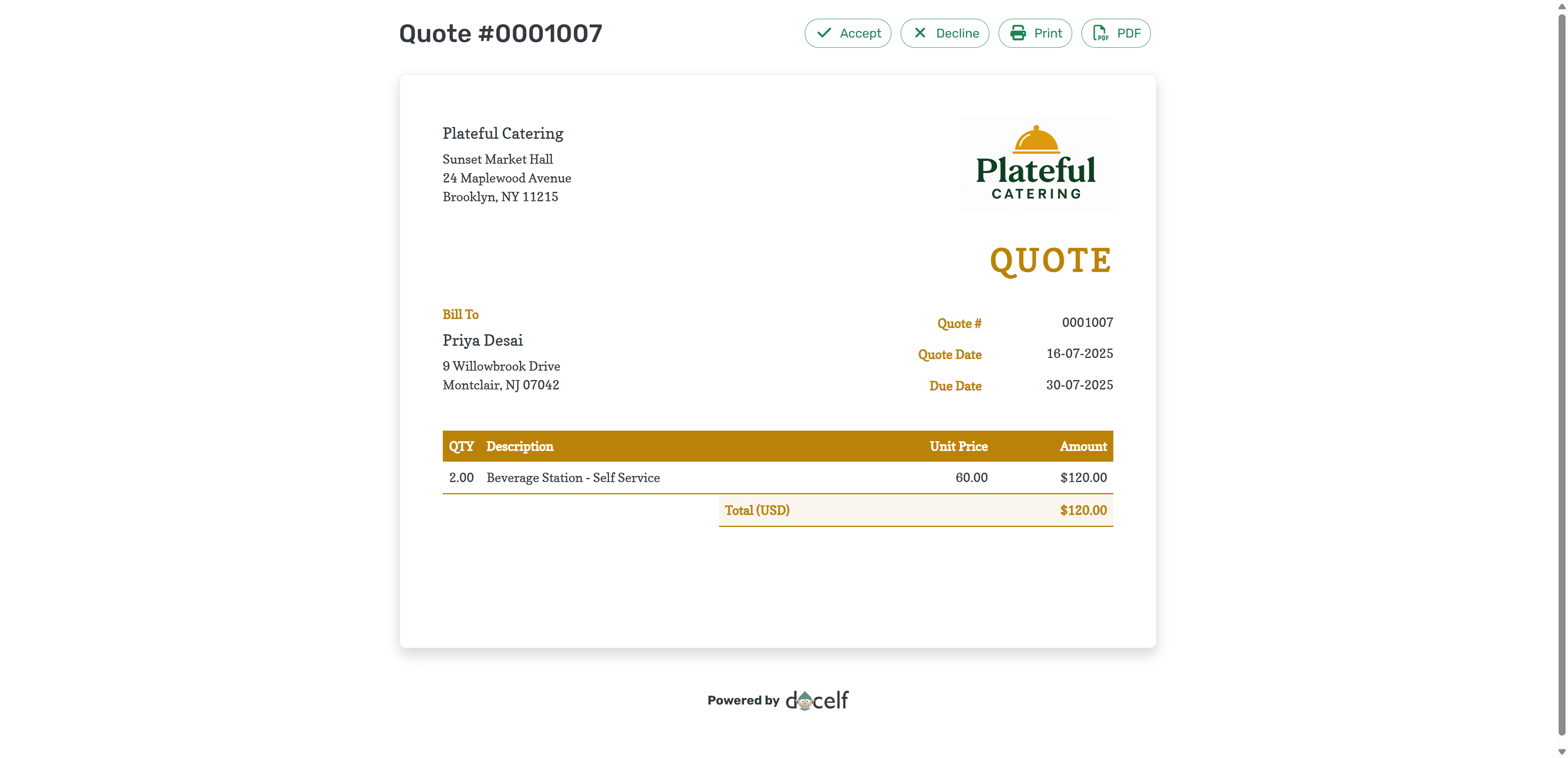 Customer view with accept and decline buttons