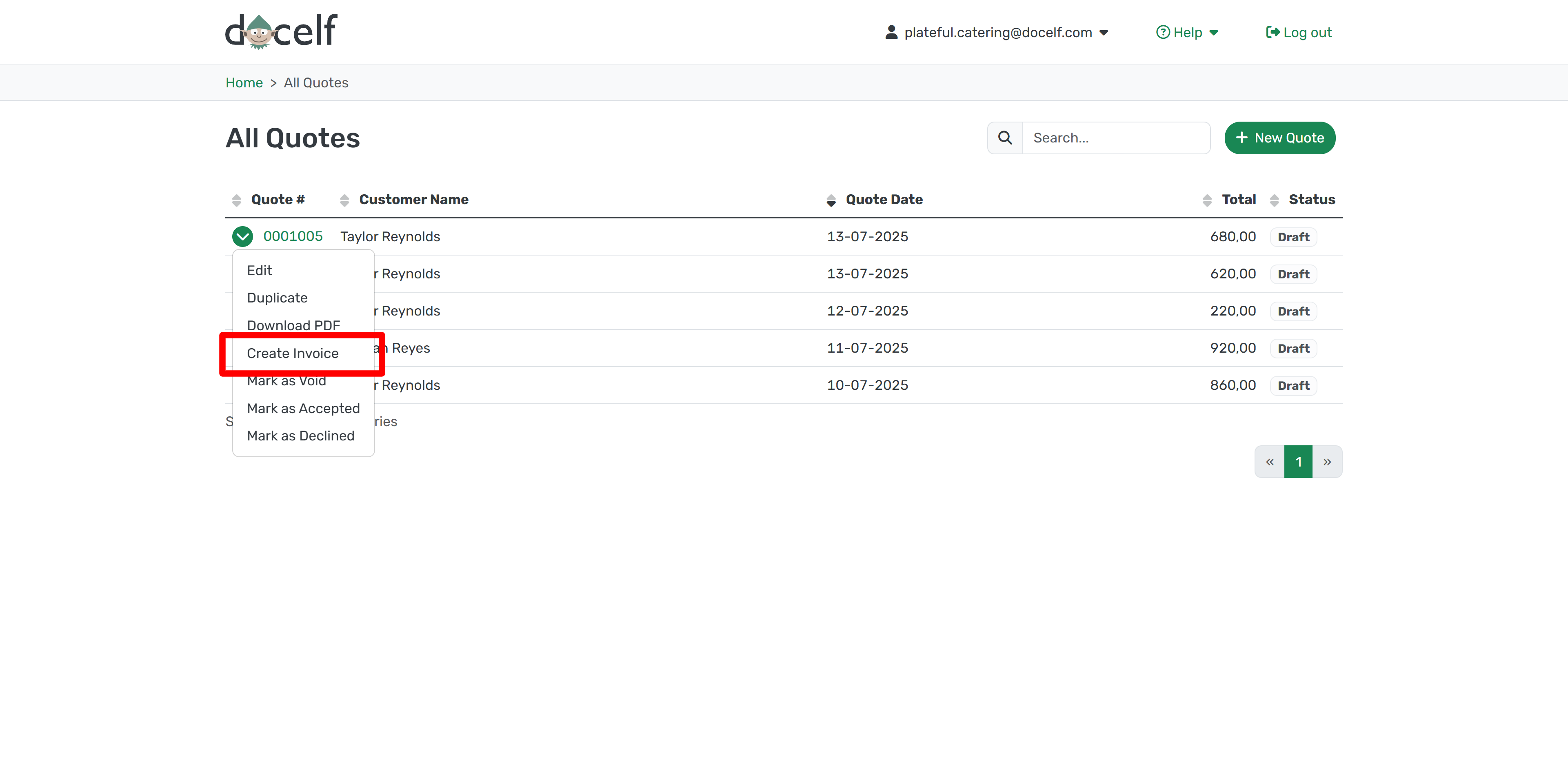 Create Invoice from Quote menu