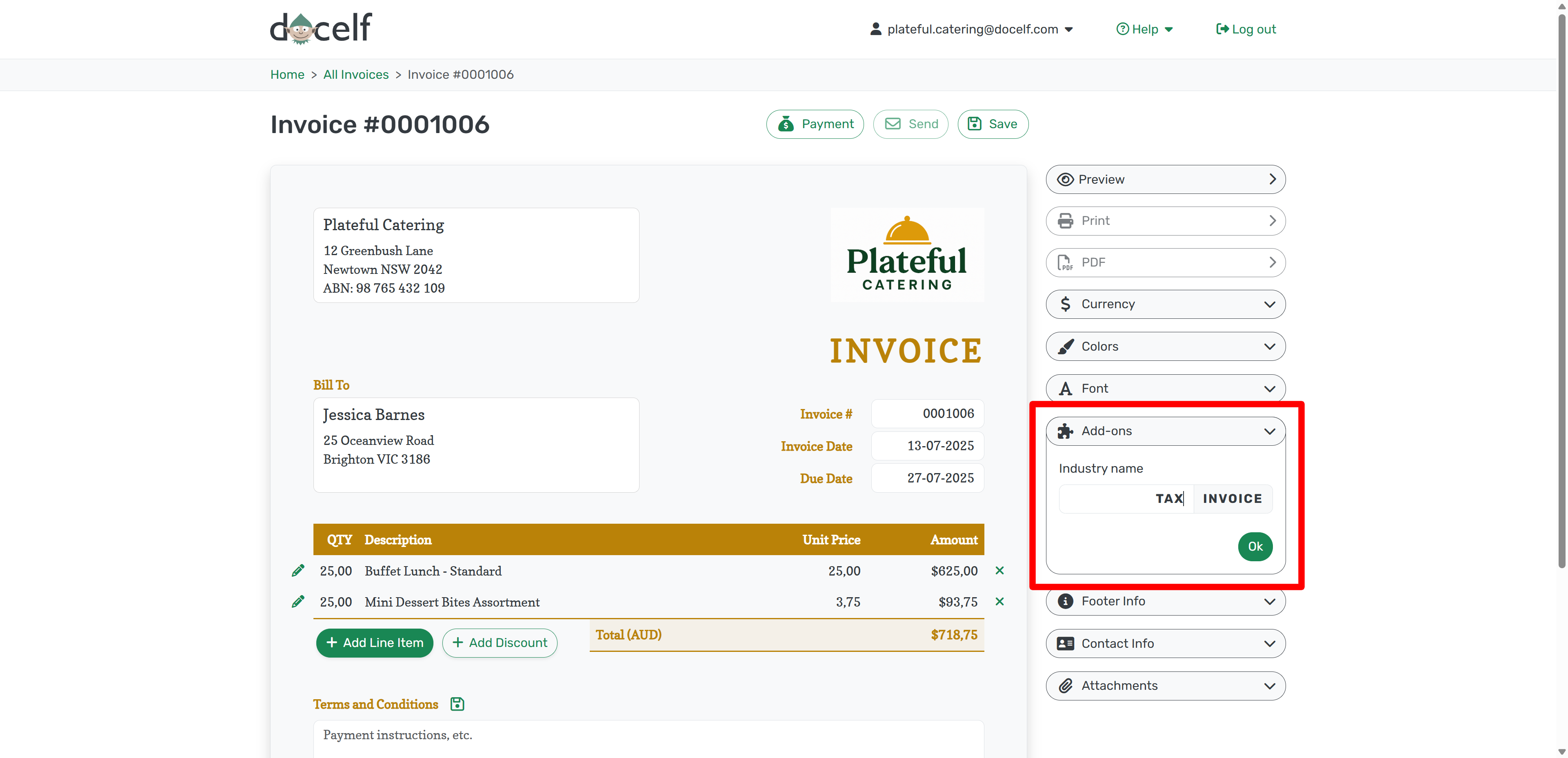 Set Tax Invoice in Add-ons panel