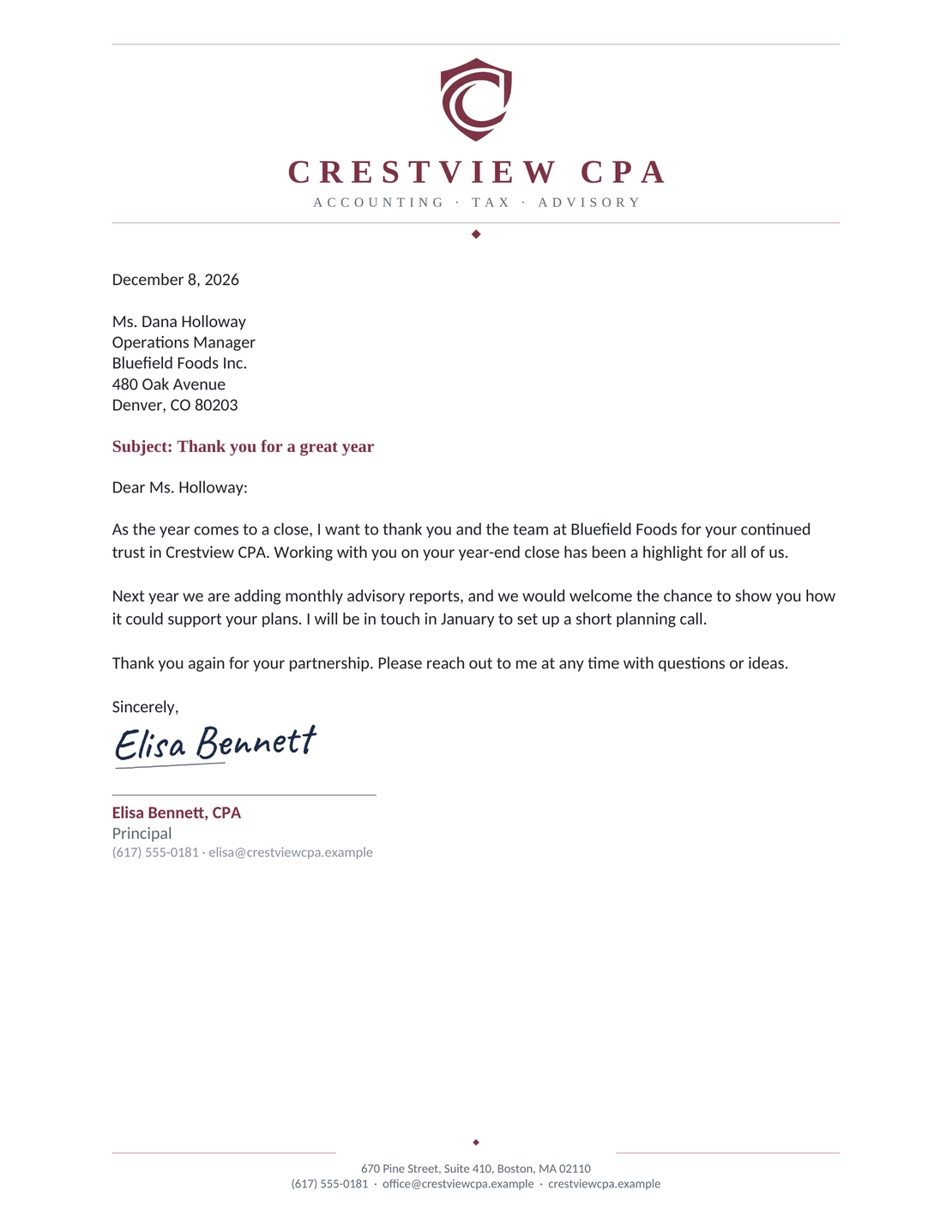 Centered business letterhead design with fictional business details