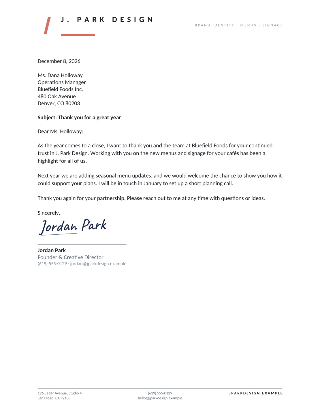 Minimal business letterhead design with fictional business details