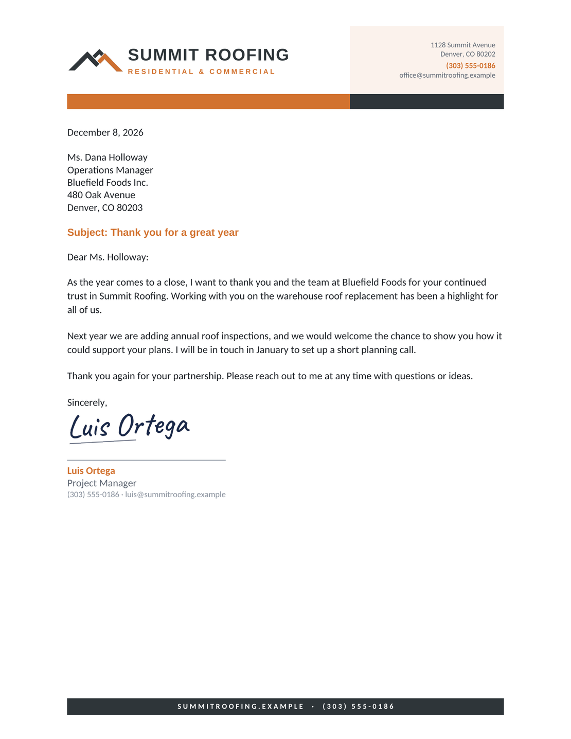 Split business letterhead design with fictional business details