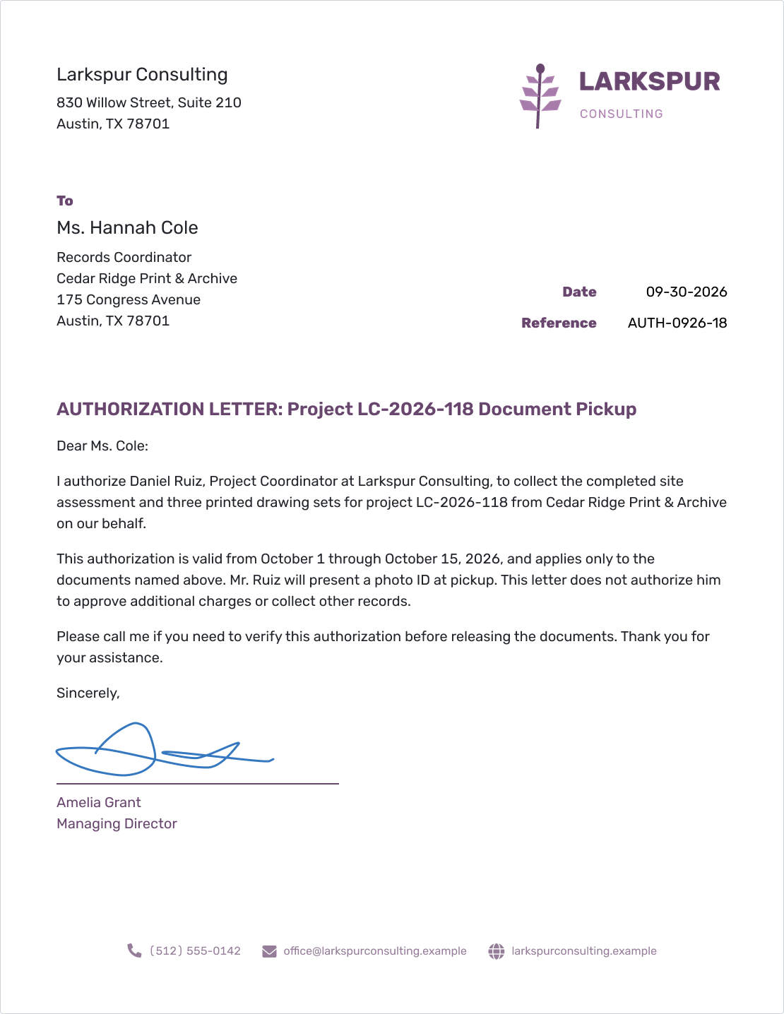 Example of an authorization letter created in Docelf