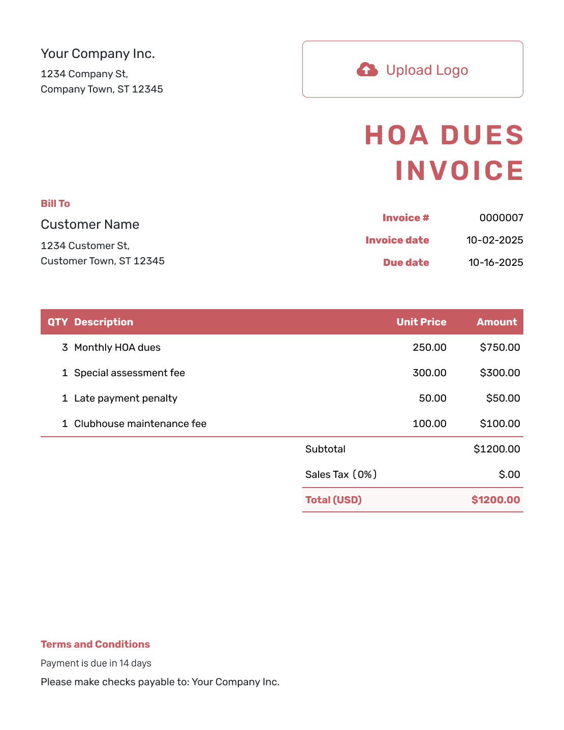 Basic HOA Dues Invoice Template