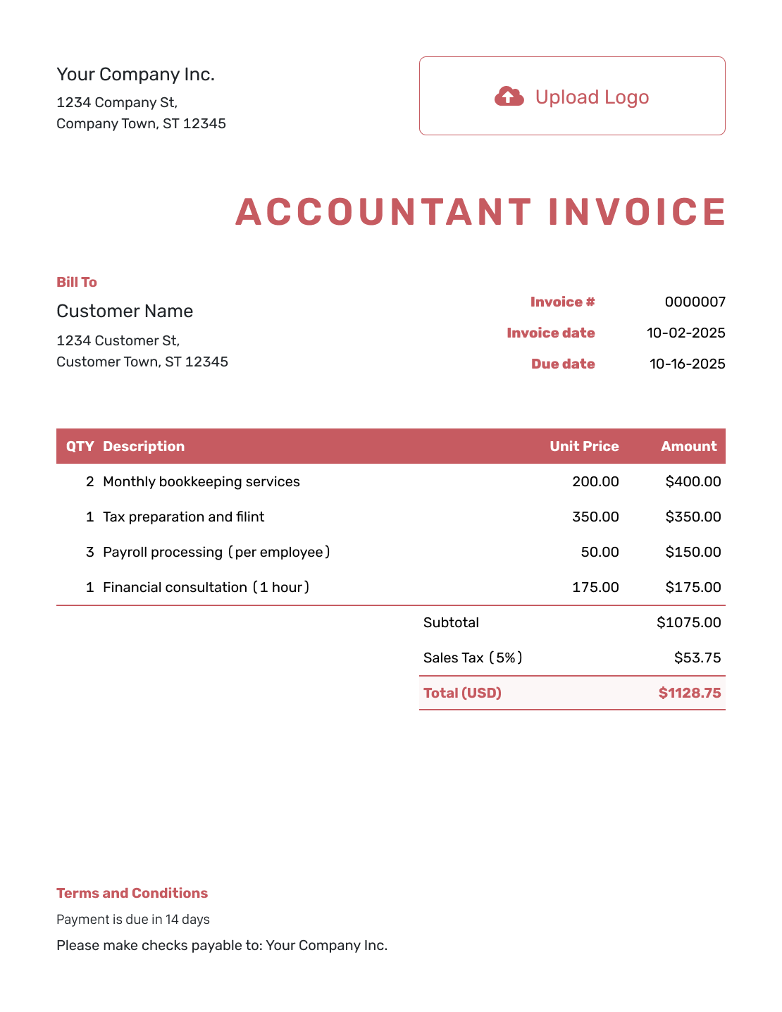 Basic Accountant Invoice Template