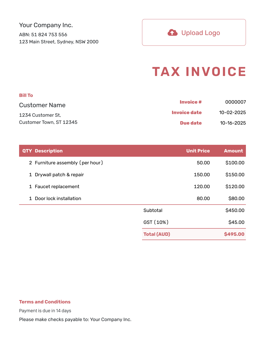 Basic Australian Invoice Template