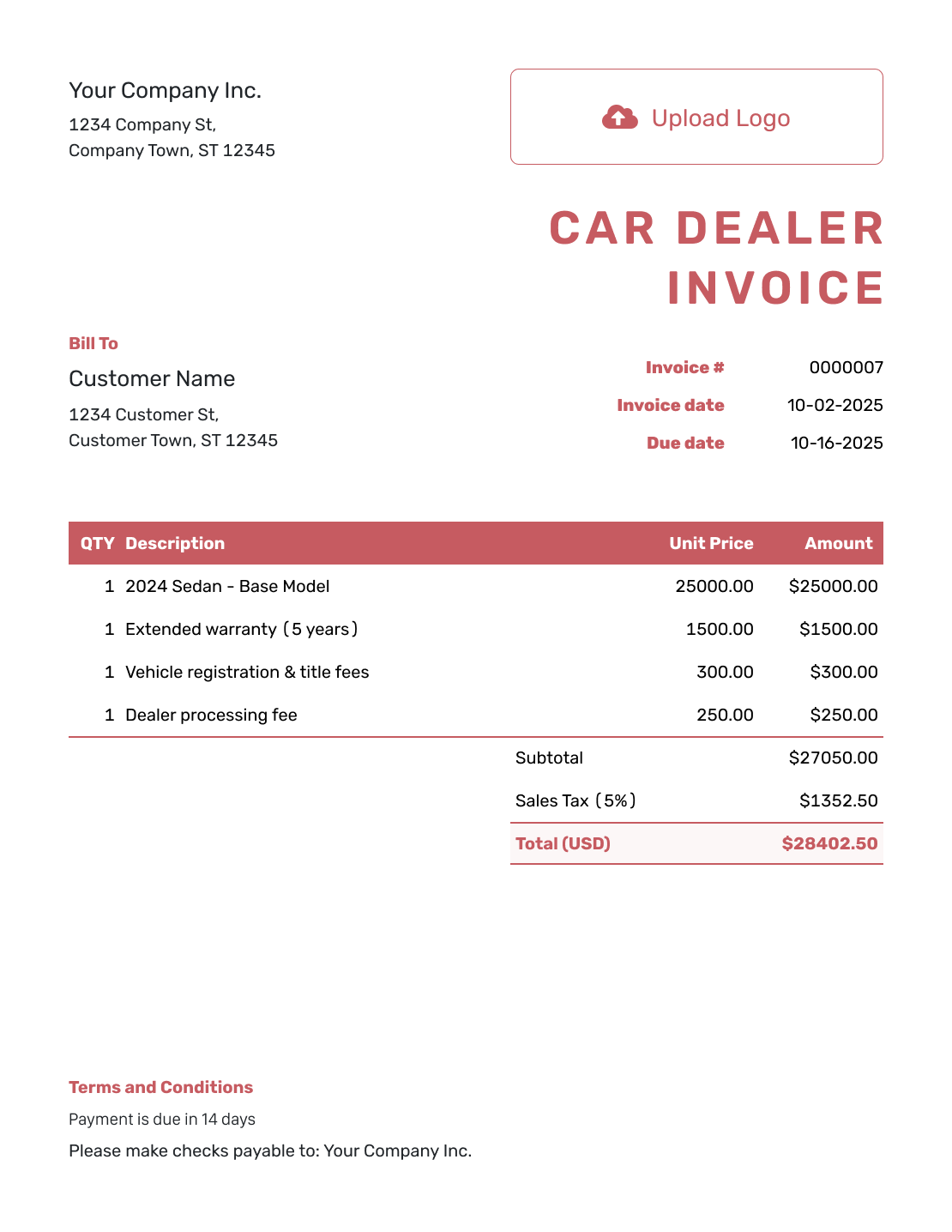 Basic Car Dealer Invoice Template