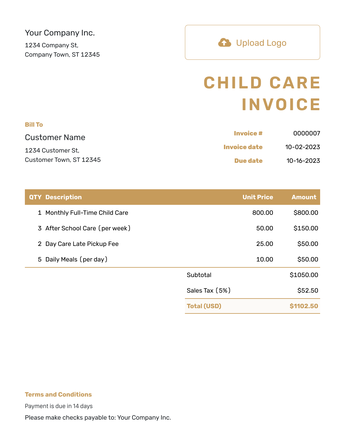 Basic Child Care Invoice Template