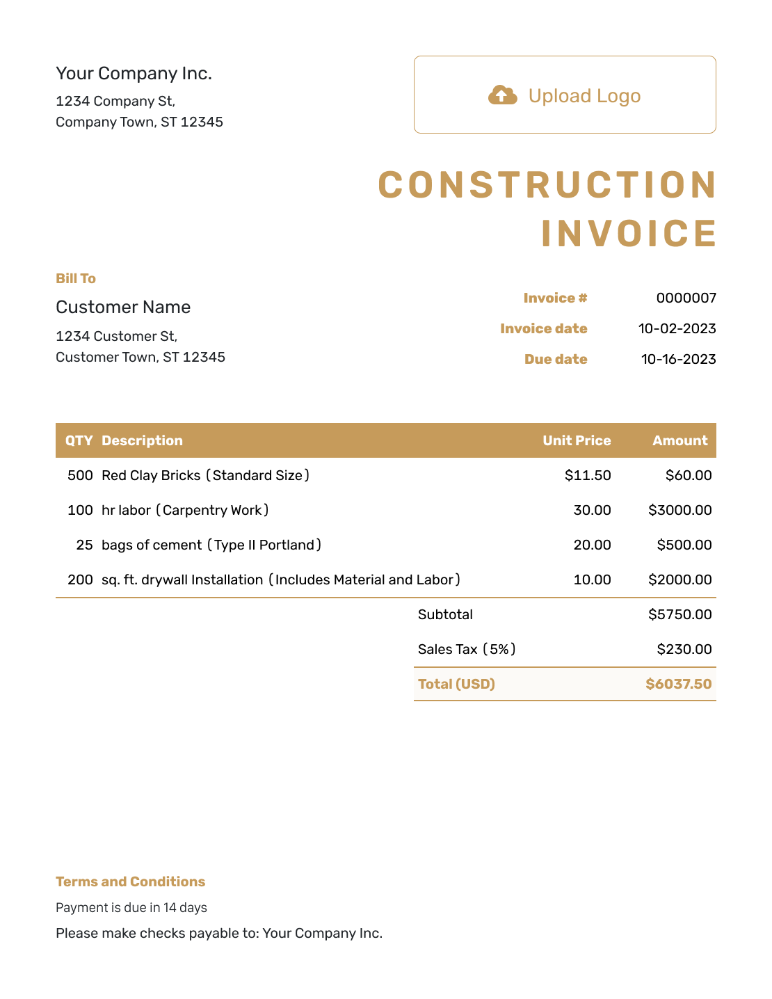 Basic Construction Invoice Template