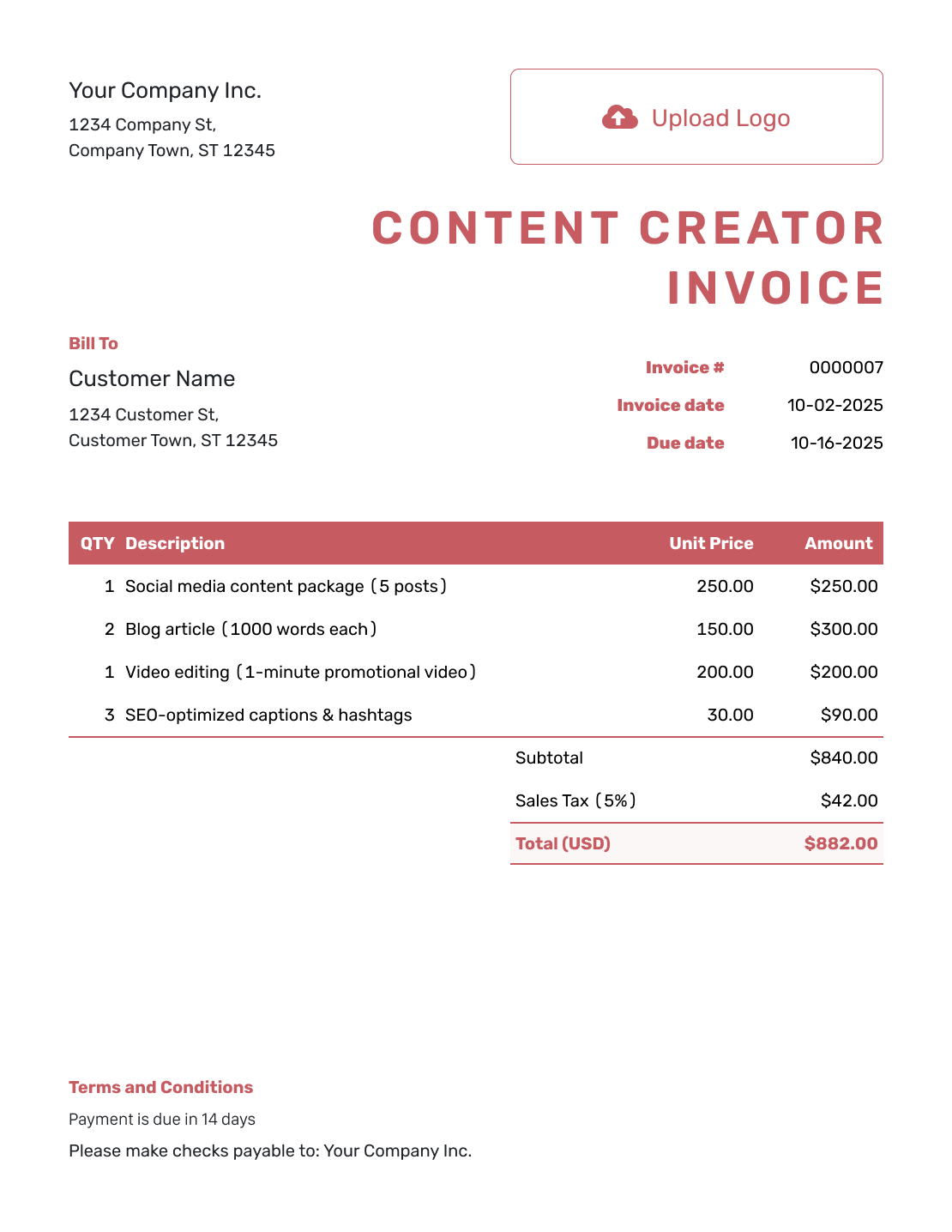 Basic Content Creator Invoice Template