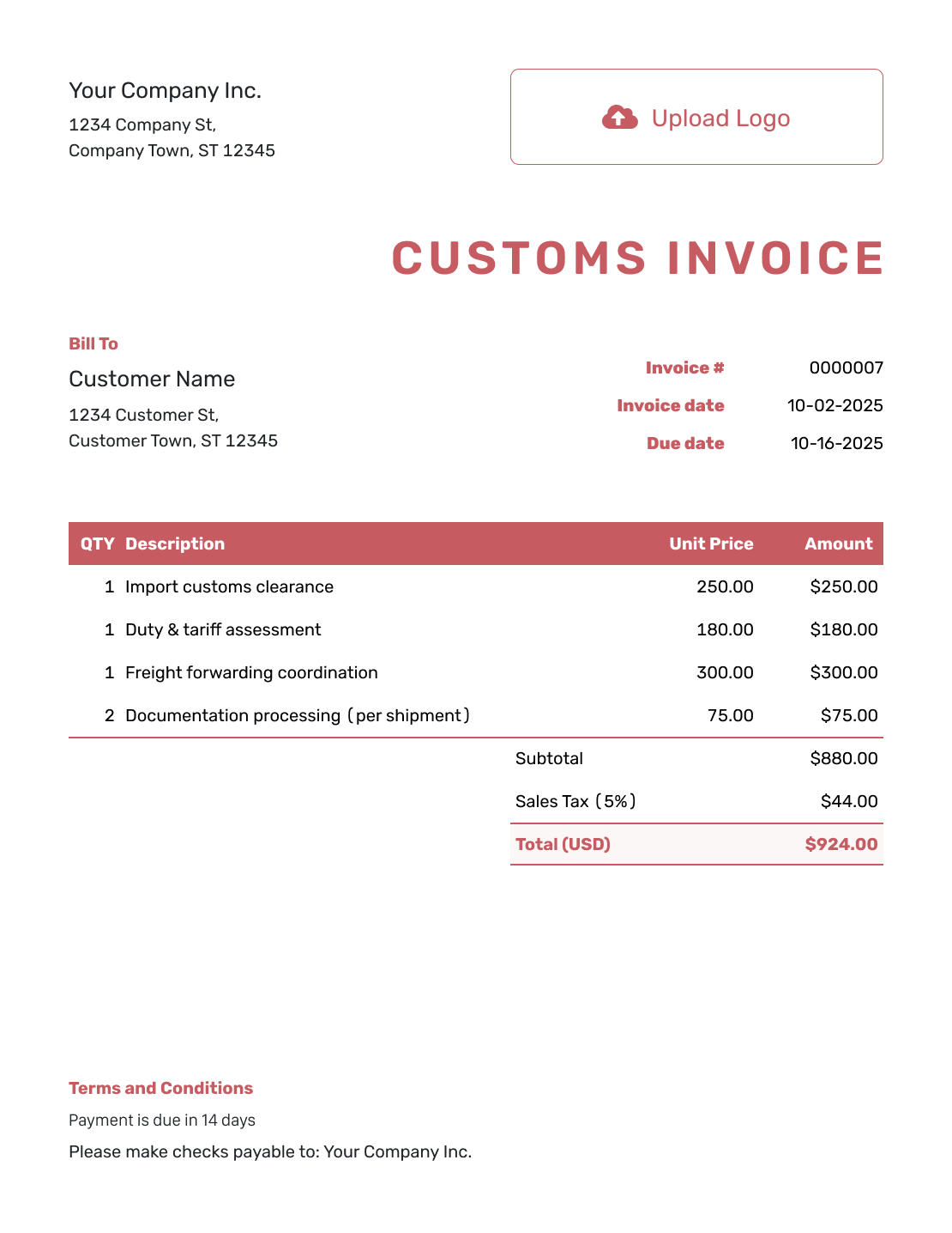 Basic Customs Invoice Template