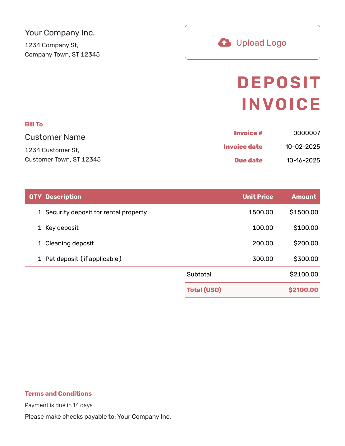 Basic Deposit Invoice Template