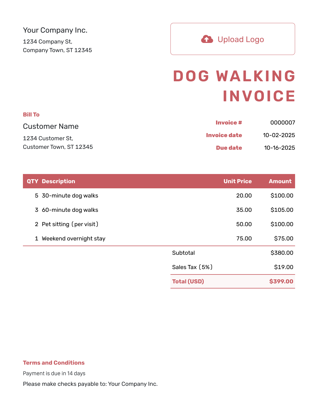 Basic Dog Walking Invoice Template