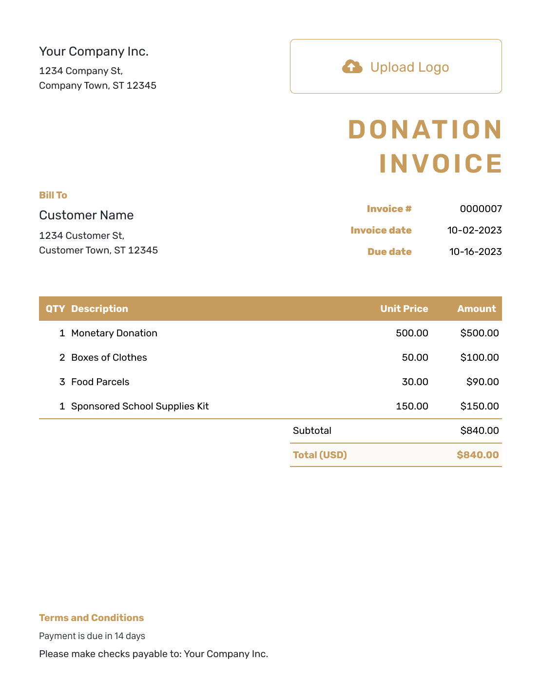 Basic Donation Invoice Template