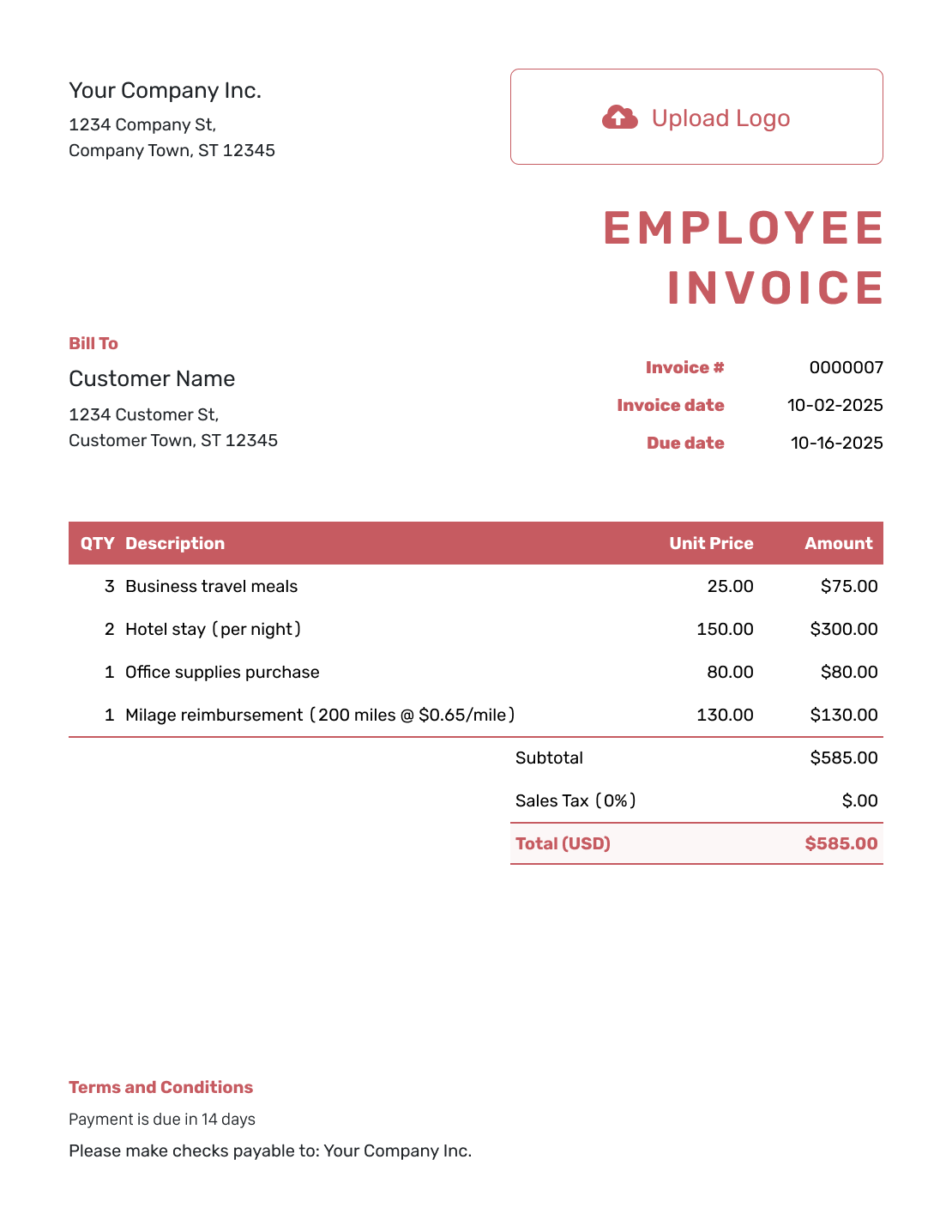 Basic Employee Invoice Template