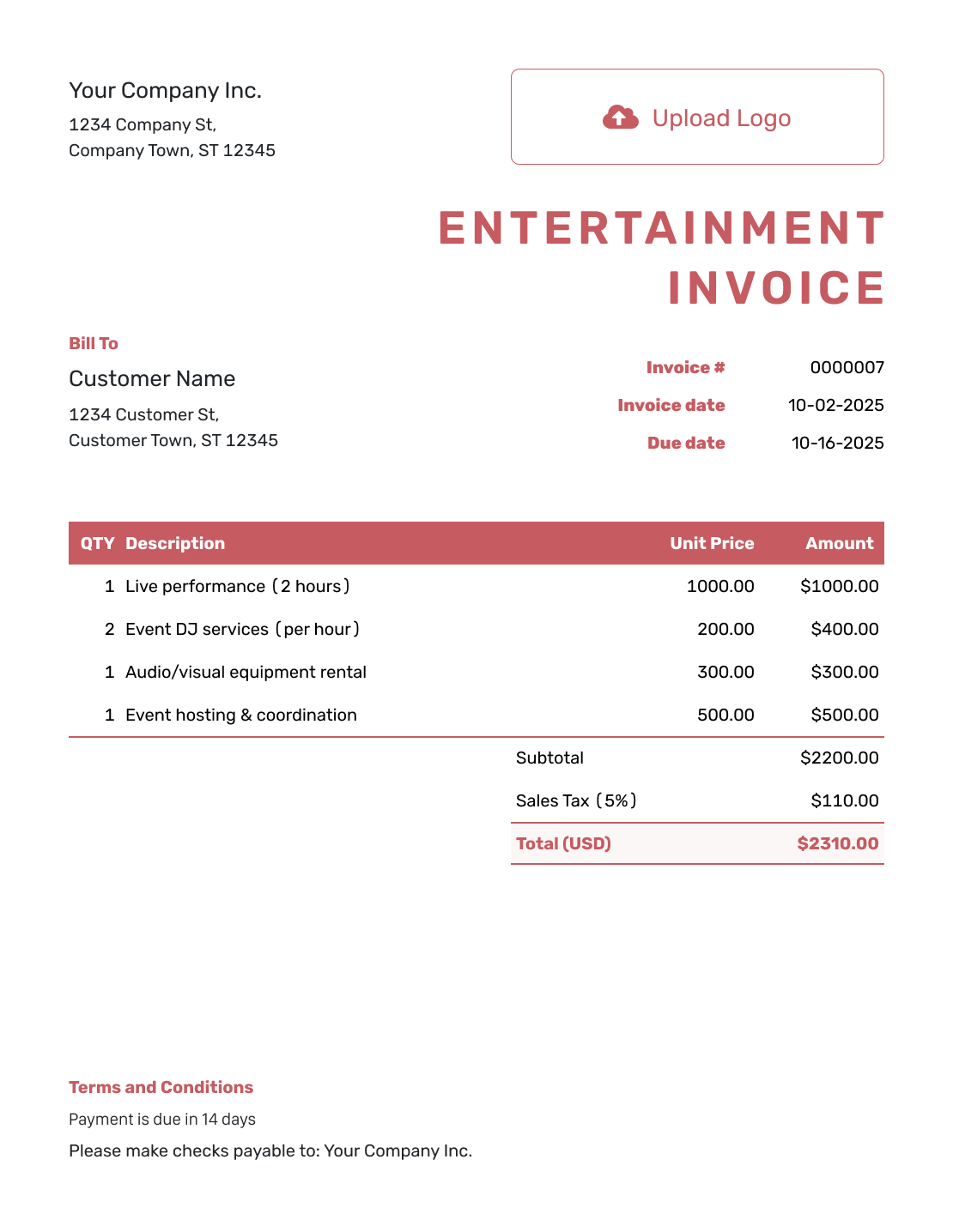 Basic Entertainment Invoice Template