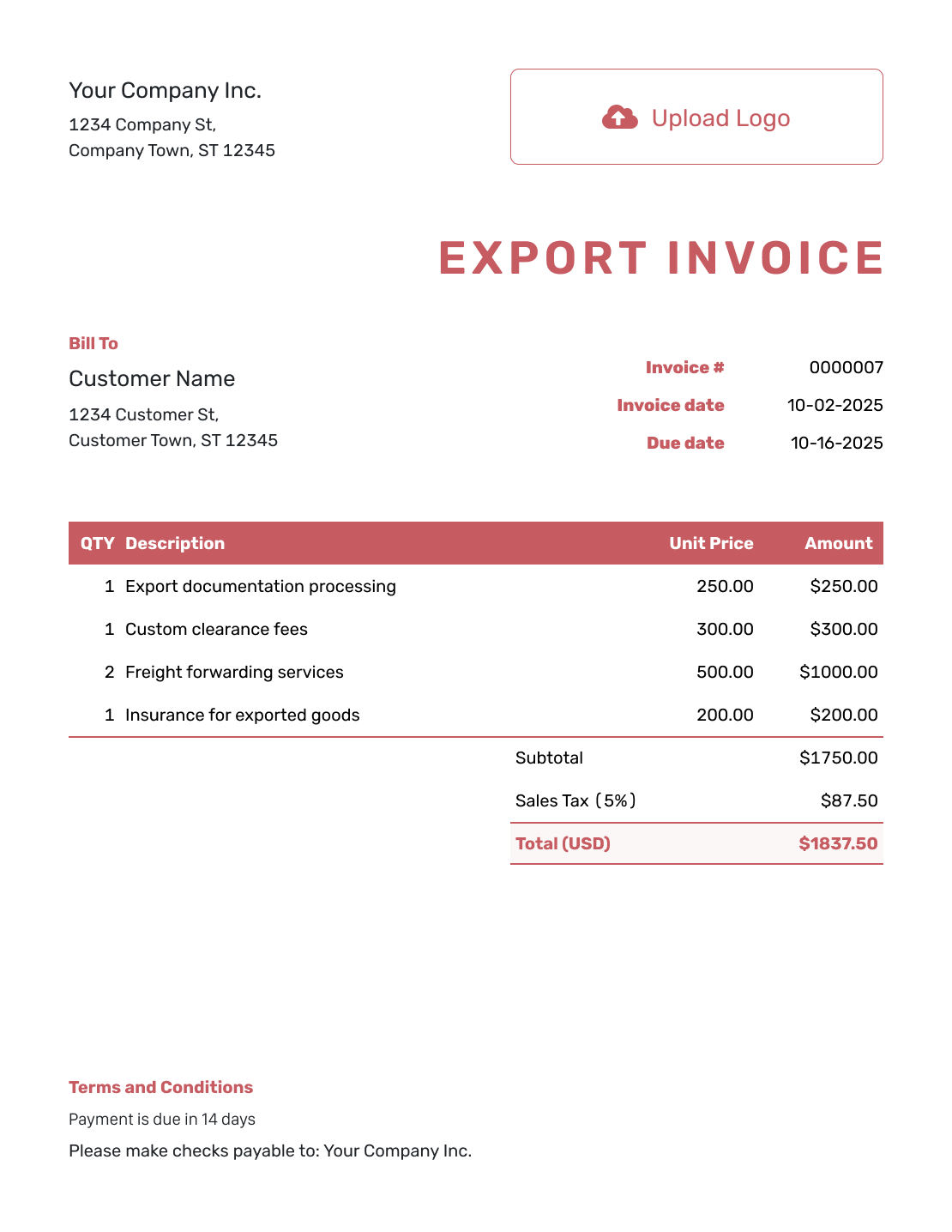 Basic Export Invoice Template