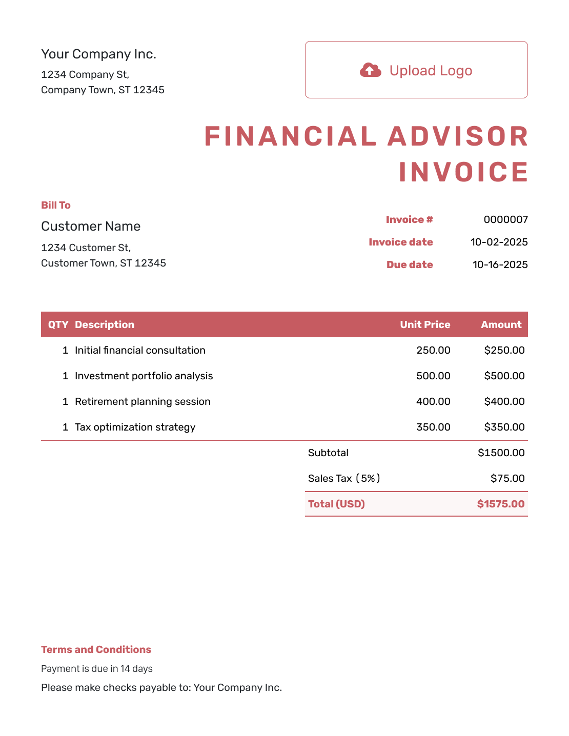 Basic Financial Advisor Invoice Template