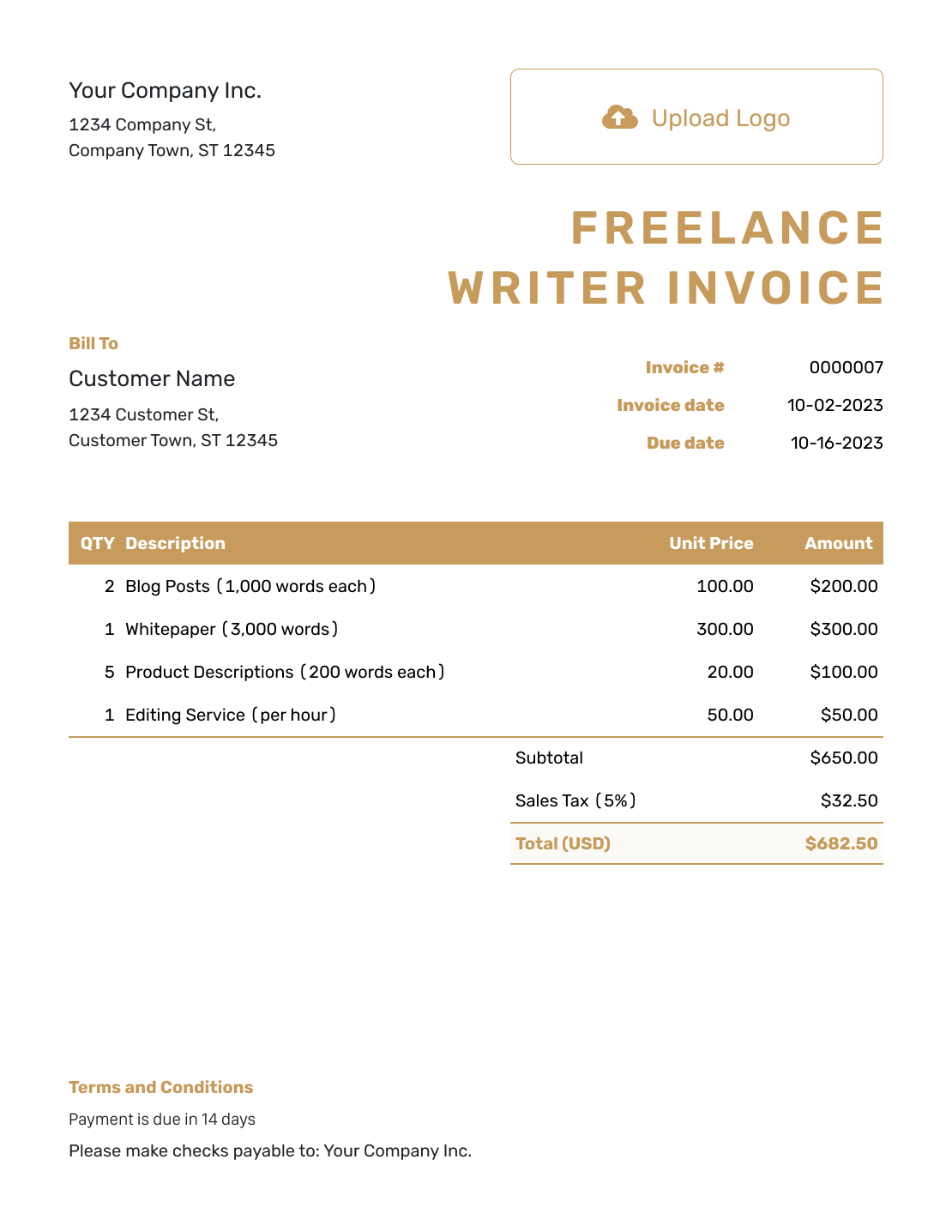 Basic Freelance Writer Invoice Template