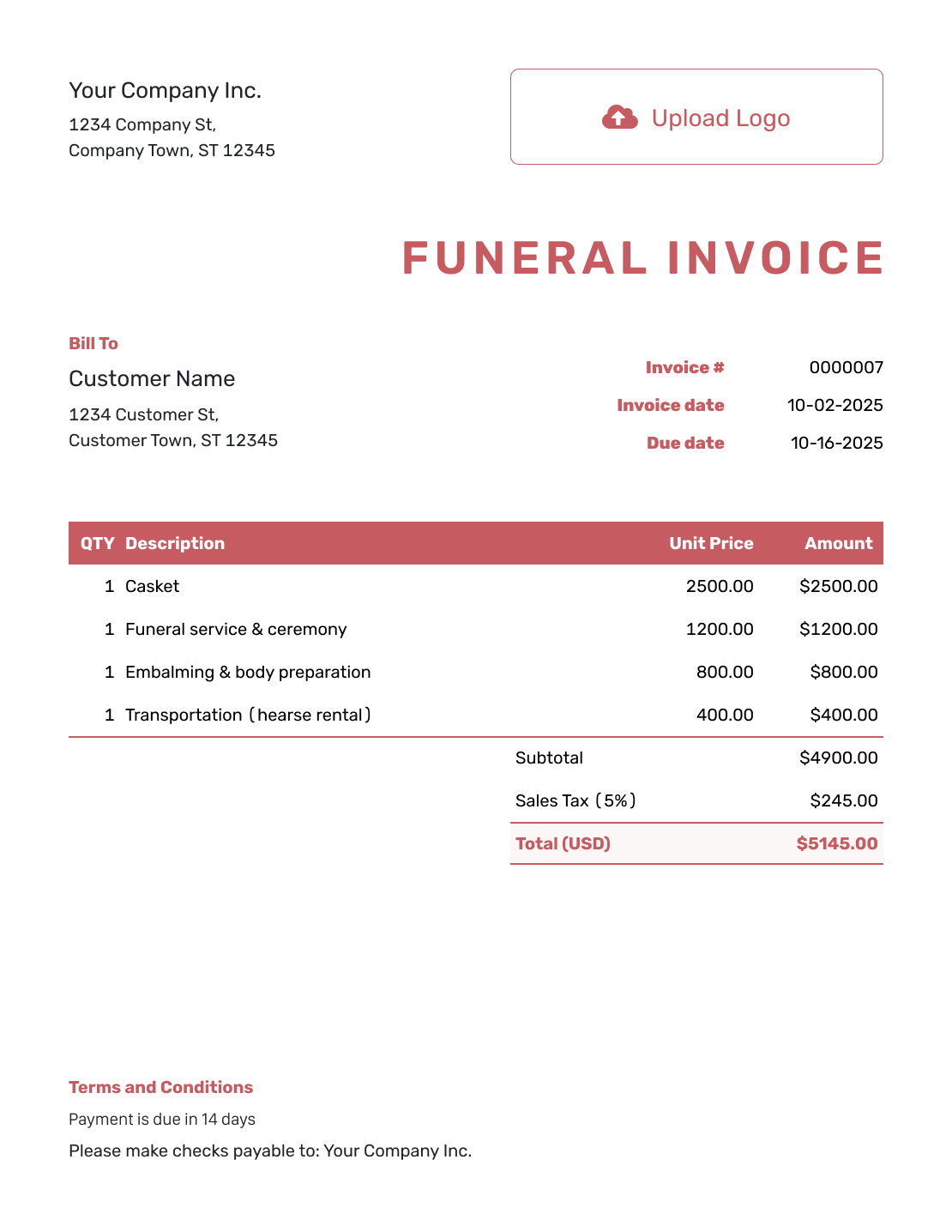 Basic Funeral Invoice Template