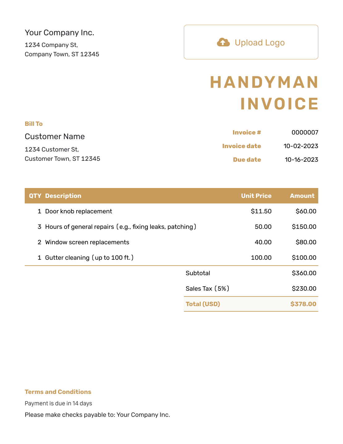 Basic Handyman Invoice Template
