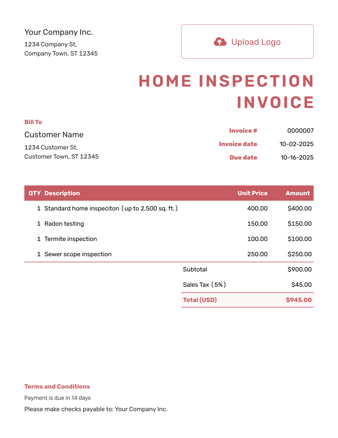 Basic Home Inspection Invoice Template